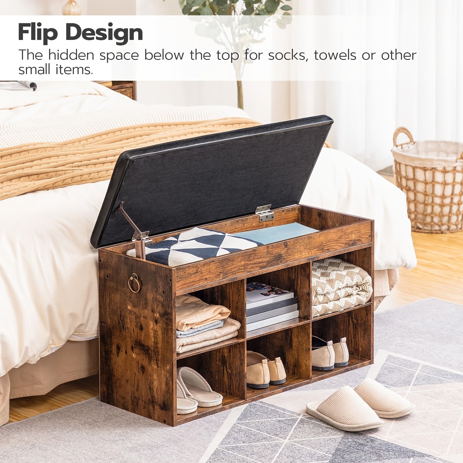 Banquette à Chaussures, Banquette à Coussin Doux, Étagère à Chaussures avec Espace de Rangement Sous le Siège, Armoire à Chaussures avec 6 Compartiments Ouverts, Capacité de Charge Maximale 135kg, Convient pour l'Entrée, le Couloir, le Salon, la Chambre