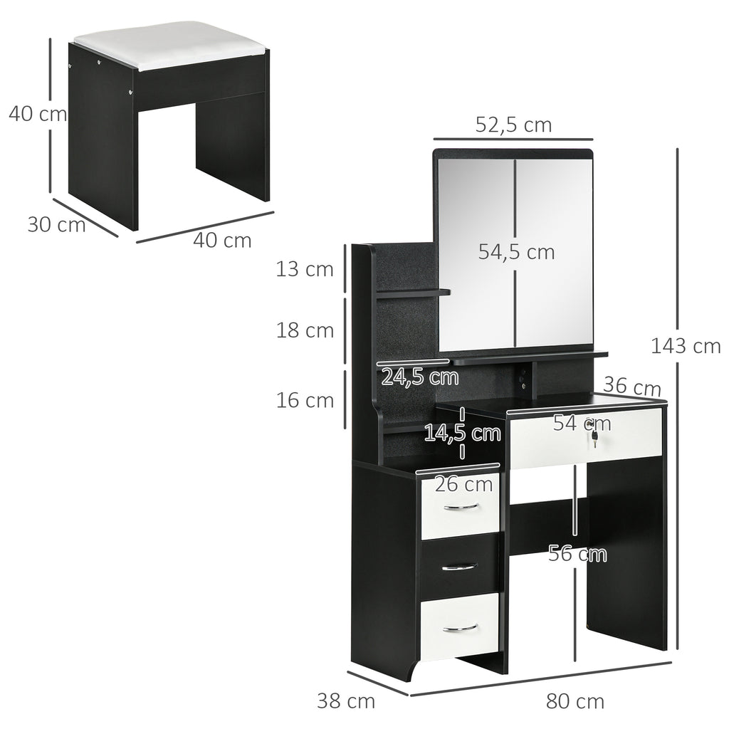 HOMCOM Ensemble de coiffeuse table de maquillage avec tabouret rembourré grand miroir + plusieurs étagères ouvertes + 4 tiroirs blanc noir