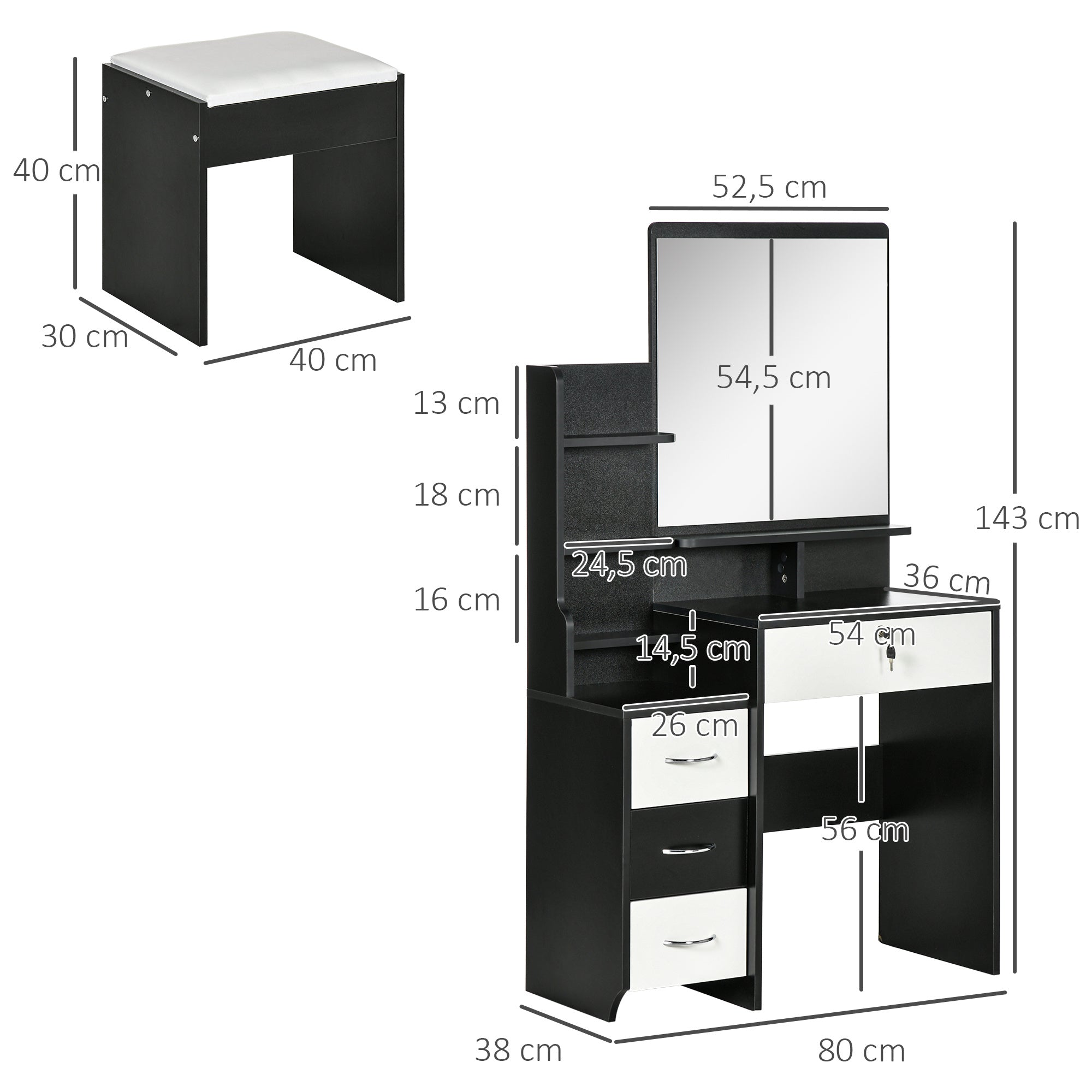 HOMCOM Ensemble de coiffeuse table de maquillage avec tabouret rembourré grand miroir + plusieurs étagères ouvertes + 4 tiroirs blanc noir