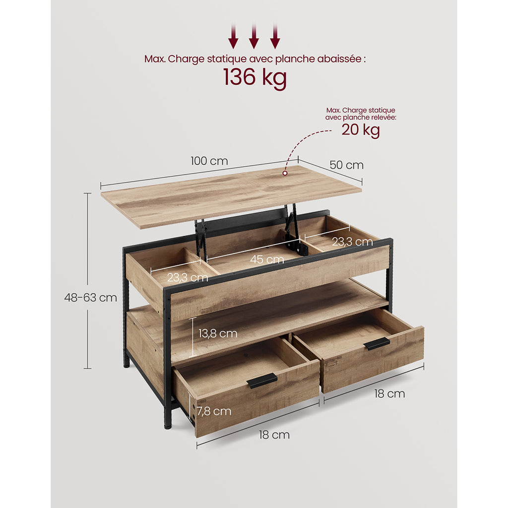 Table Basse Industrielle VASAGLE avec Tiroirs de Rangement et Compartiment Caché - Mécanisme de Levage Robuste, Cadre en Acier Solide & Panneau de Particules, Table Centrale Moderne pour Salon ou Bureau, Organisateur Gain de Place à Montage Facile