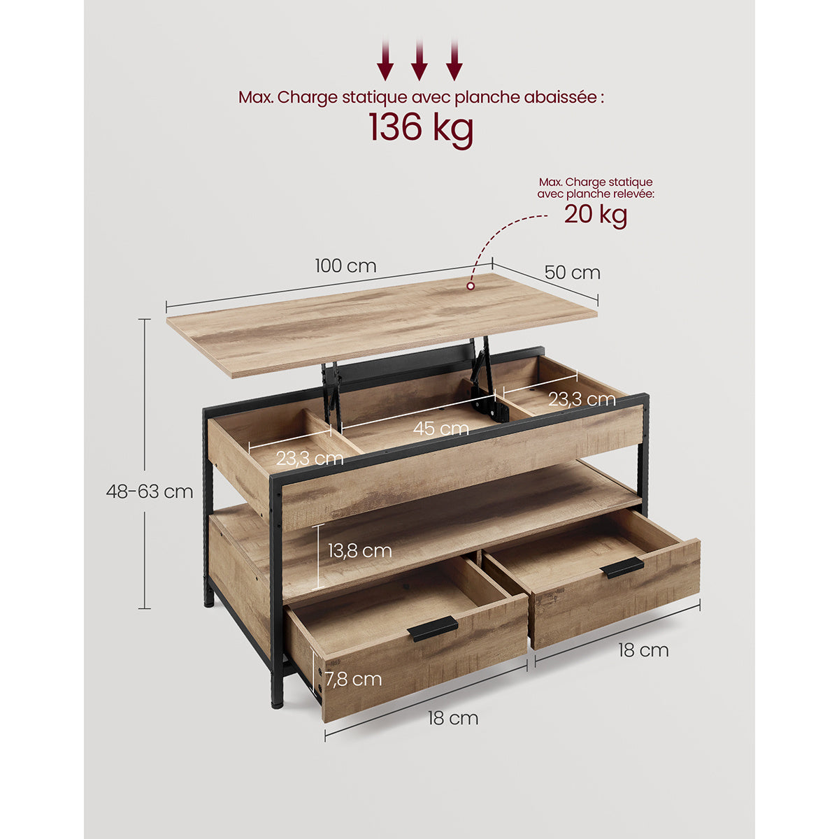 Table Basse Industrielle VASAGLE avec Tiroirs de Rangement et Compartiment Caché - Mécanisme de Levage Robuste, Cadre en Acier Solide & Panneau de Particules, Table Centrale Moderne pour Salon ou Bureau, Organisateur Gain de Place à Montage Facile