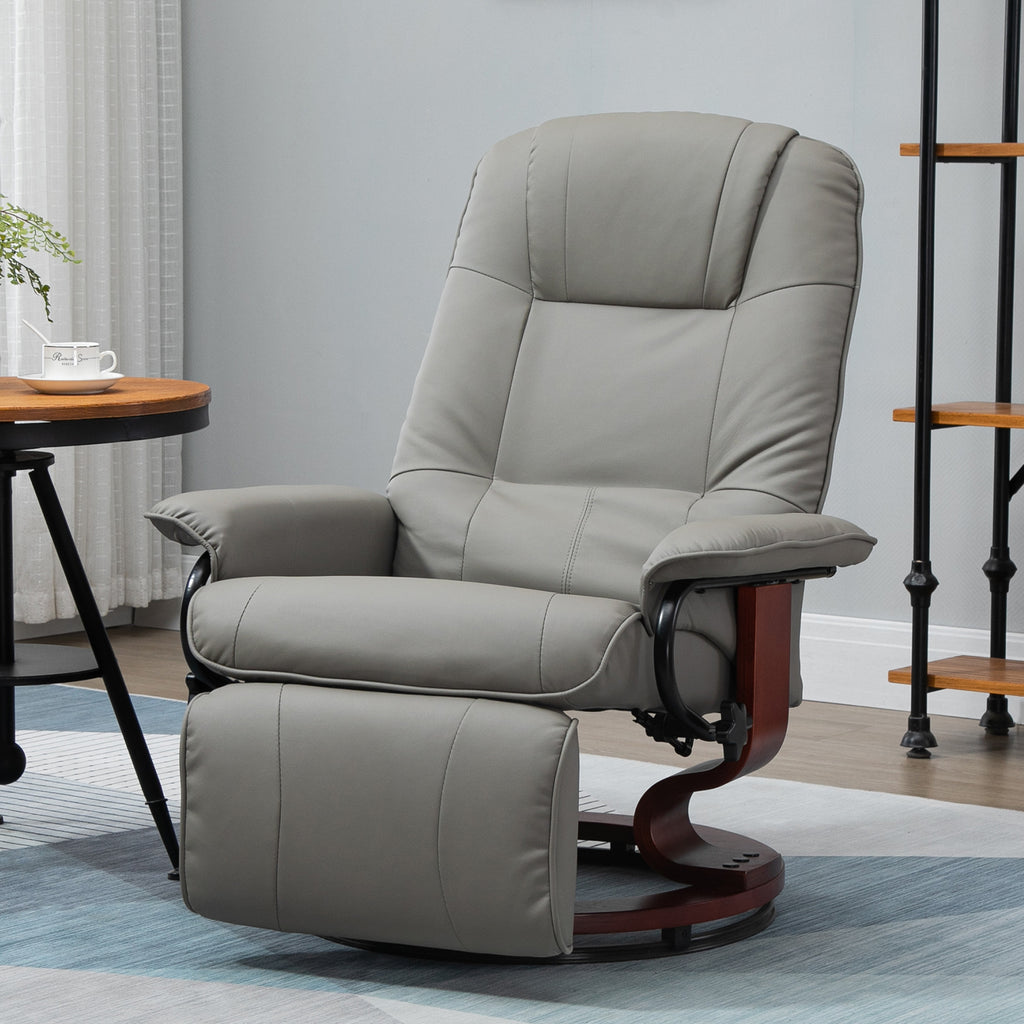 HOMCOM Fauteuil relax inclinable fauteuil de salon repose-pieds réglable pivotant 360° piètement bois revêtement synthétique gris