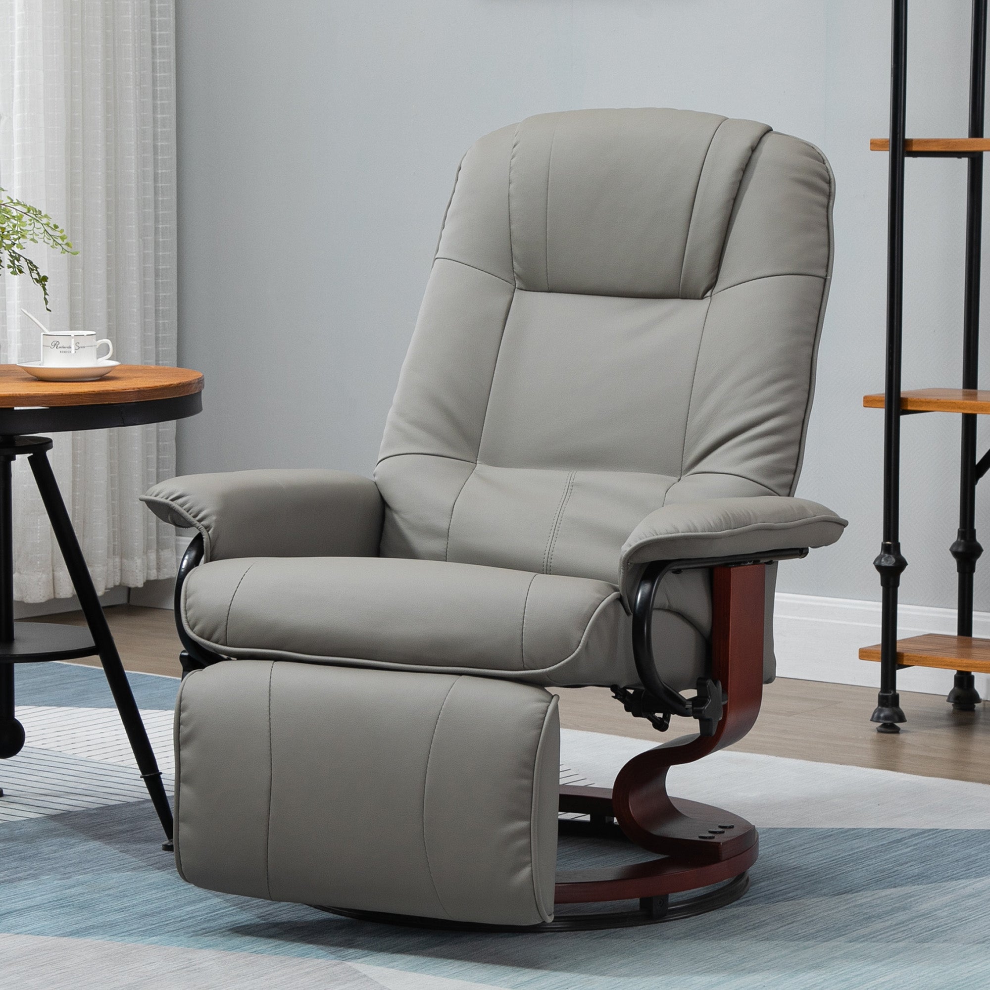 HOMCOM Fauteuil relax inclinable fauteuil de salon repose-pieds réglable pivotant 360° piètement bois revêtement synthétique gris
