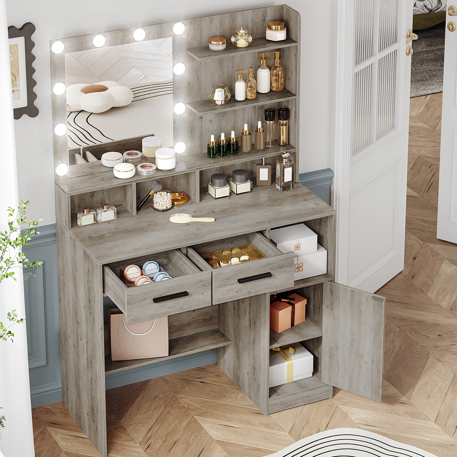 Coiffeuse avec miroir et 10 lumières LED, luminosité réglable, coiffeuse avec 2 tiroirs et 1 armoire, 3 étagères et 4 compartiments ouverts, blanc