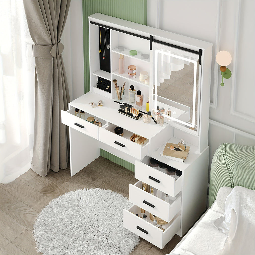 Coiffeuse avec Éclairage LED Réglable, Grand Miroir Amovible, Rangement pour Bijoux, Étagères Ouvertes, 5 Tiroirs et Table d'Appoint, Blanc