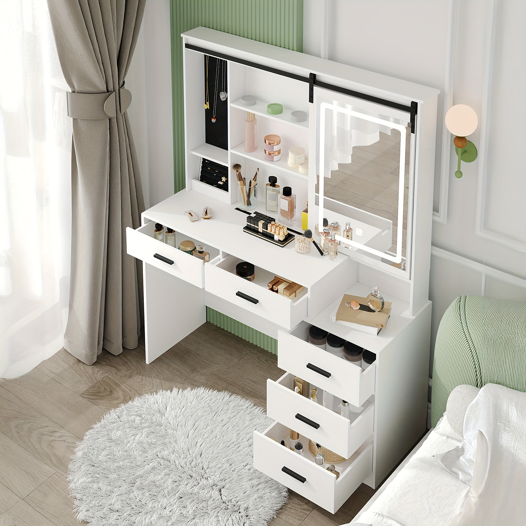 Coiffeuse avec Éclairage LED Réglable, Grand Miroir Amovible, Rangement pour Bijoux, Étagères Ouvertes, 5 Tiroirs et Table d'Appoint, Blanc