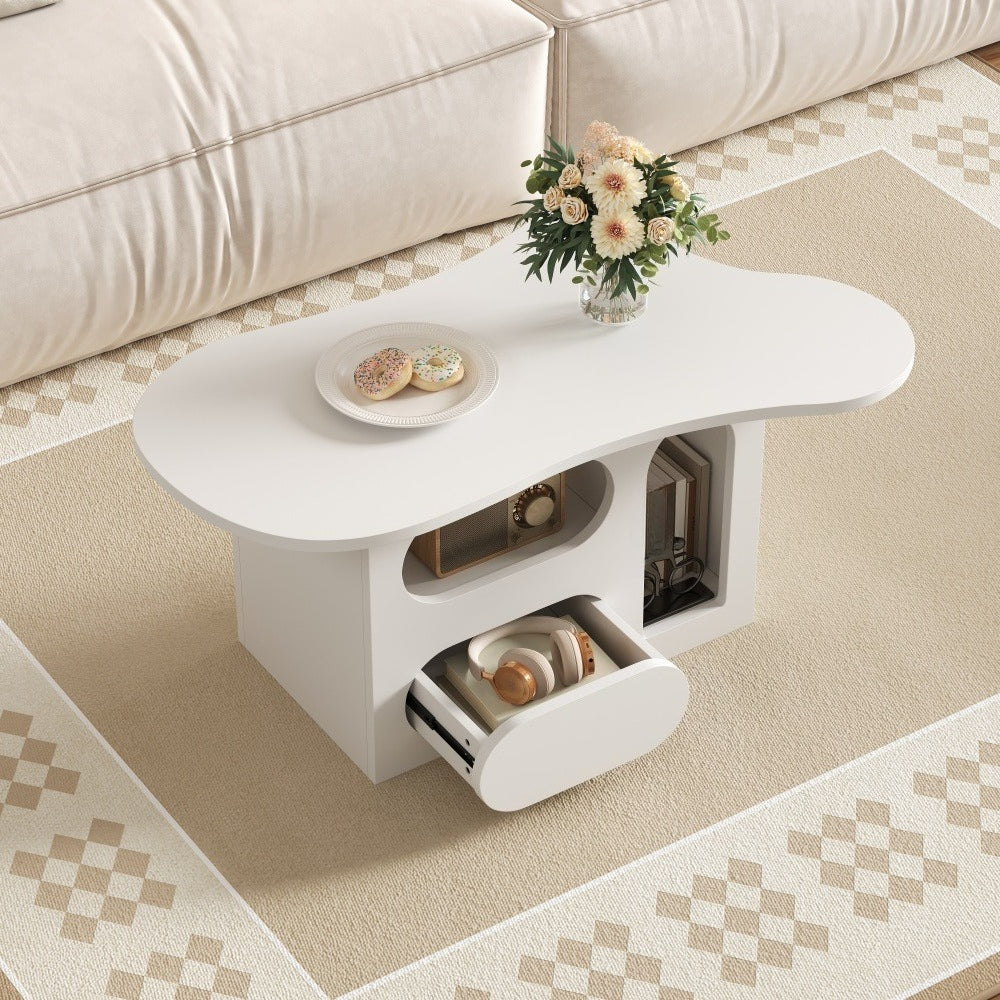 Table basse en forme de nuage unique, design créatif avec rangement, table d'appoint élégante et durable pour salon, table d'appoint avec tiroir, table basse style nuage, petit bureau, compartiment de rangement ouvert, matériau de haute qualité. 97 x 45