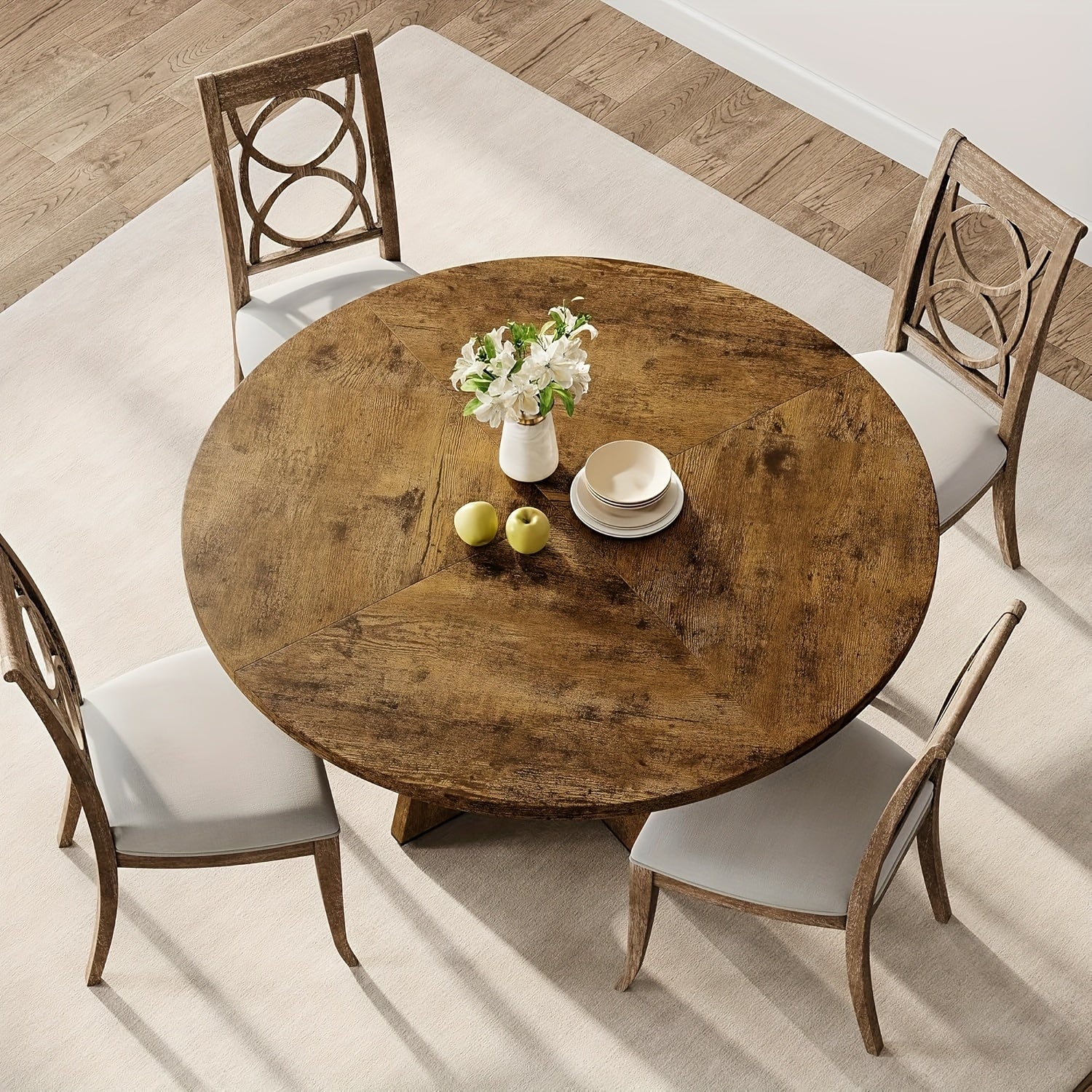Table Ronde de Dîner 47 pouces Grande Taille pour 4 à 6 Personnes, Table de Cuisine de Ferme avec Plateau et Pieds en Bois pour Salle à Manger ou Salon