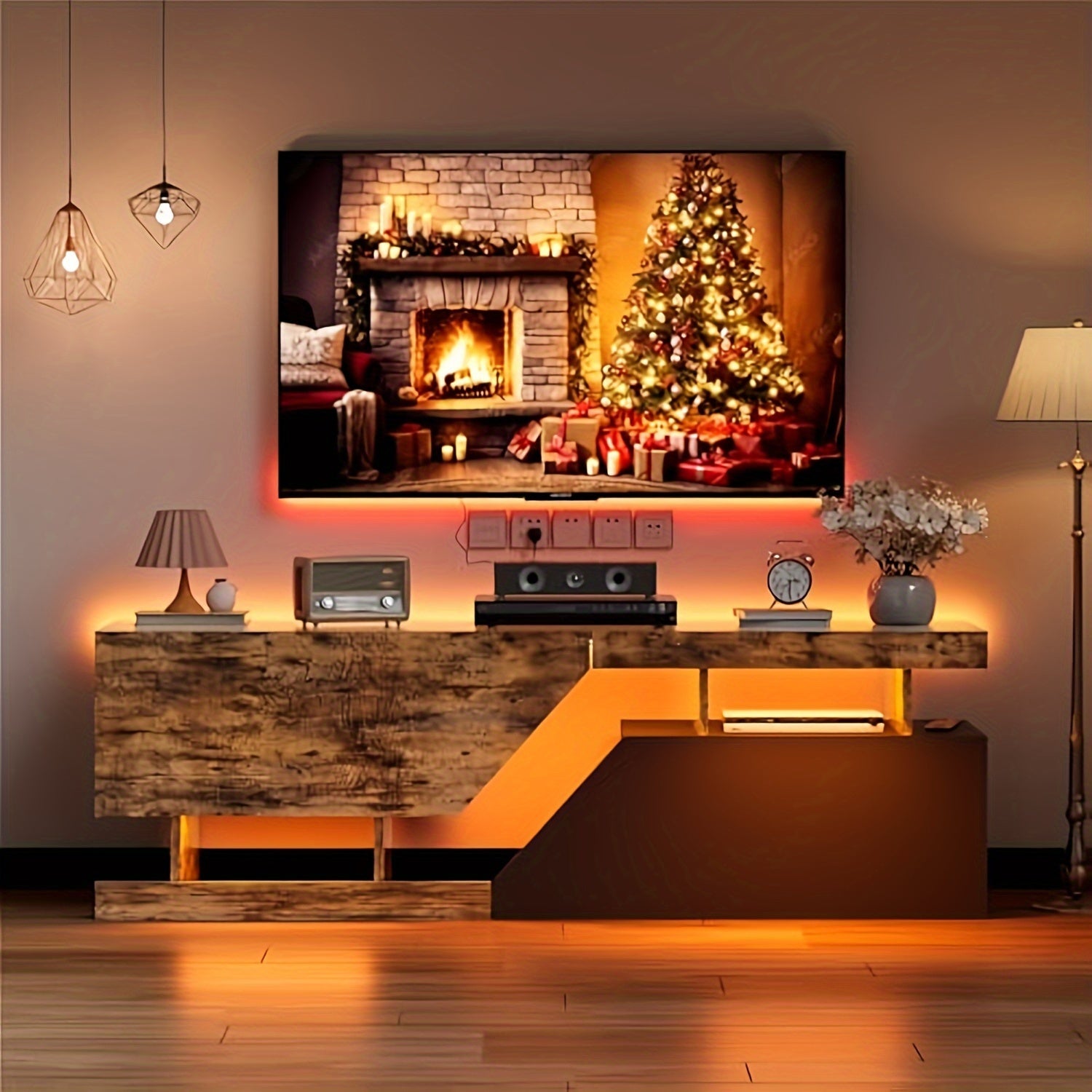 Meuble TV adapté aux téléviseurs de moins de 65 pouces, longueur 140 cm, avec 2 tiroirs et 1 compartiment ouvert, dimensions 35 x 140 x 45 cm, salon, marron rétro/noir