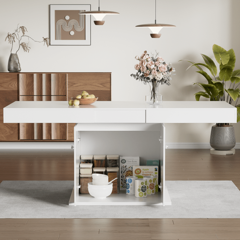 Table à manger coulissante, L140xW80xH76cm - Blanche, Table à café et à manger rectangulaire gain de place avec tiroirs de rangement, Extension télescopique automatique, Idéale pour une utilisation à domicile et au bureau, Table à manger|Table à manger m
