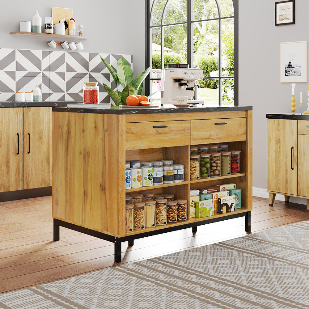 120×75×90Cm, Île de cuisine de style rural, Armoires de cuisine texturées en chêne chaud, Île de cuisine avec 2 tiroirs et 4 étagères ouvertes, Comptoir en marbre noir, Cadre en métal, Zone de bar à l'arrière, Table de bar simple et élégante, Table de sa