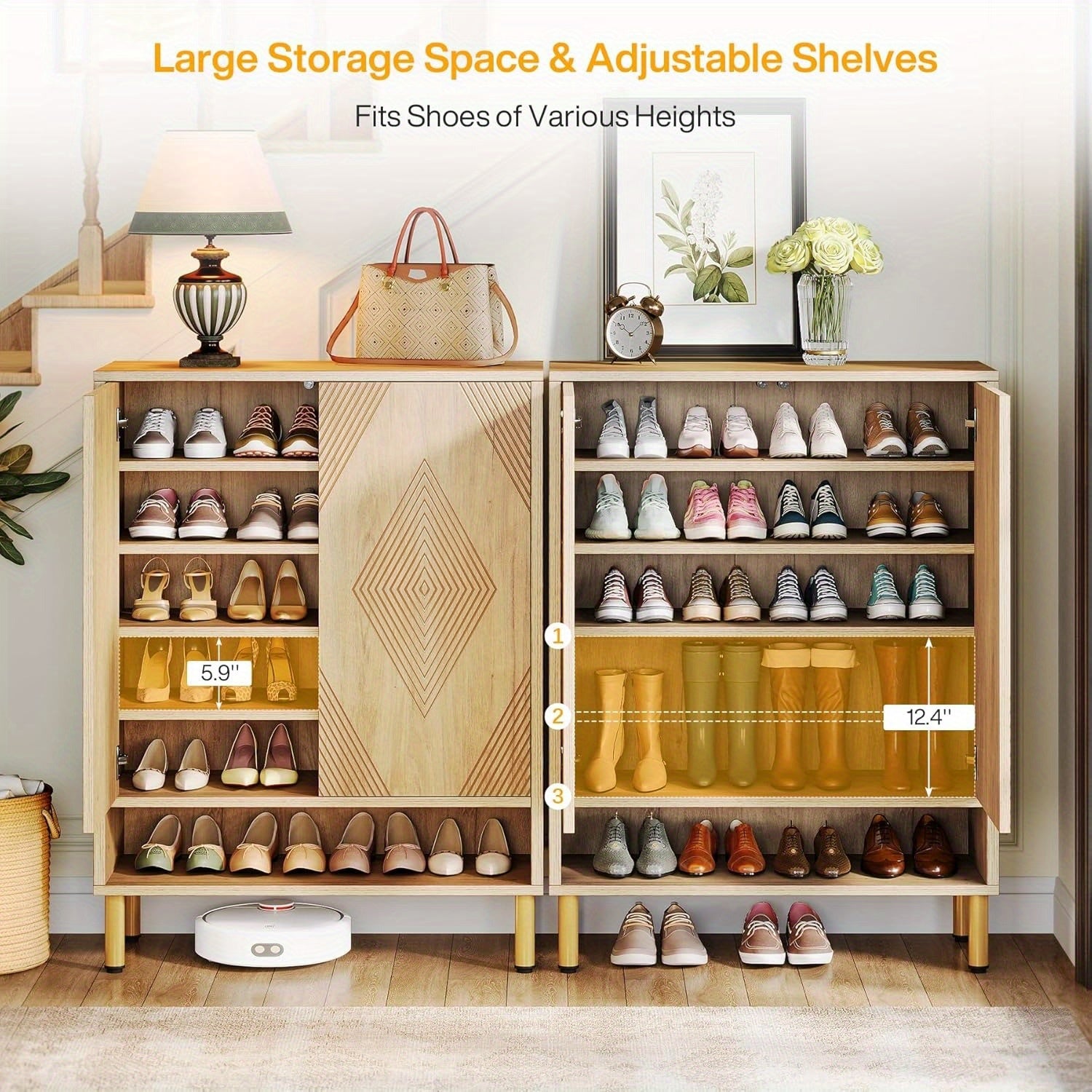 6-Tier Armoire à Chaussures Stockage et Organisation, 24 Paires de Chaussures en Bois avec Portes, Armoire à Chaussures avec Étagères Réglables, Organisateur de Stockage de Chaussures Moderne pour L'entrée, le Placard, le Salon