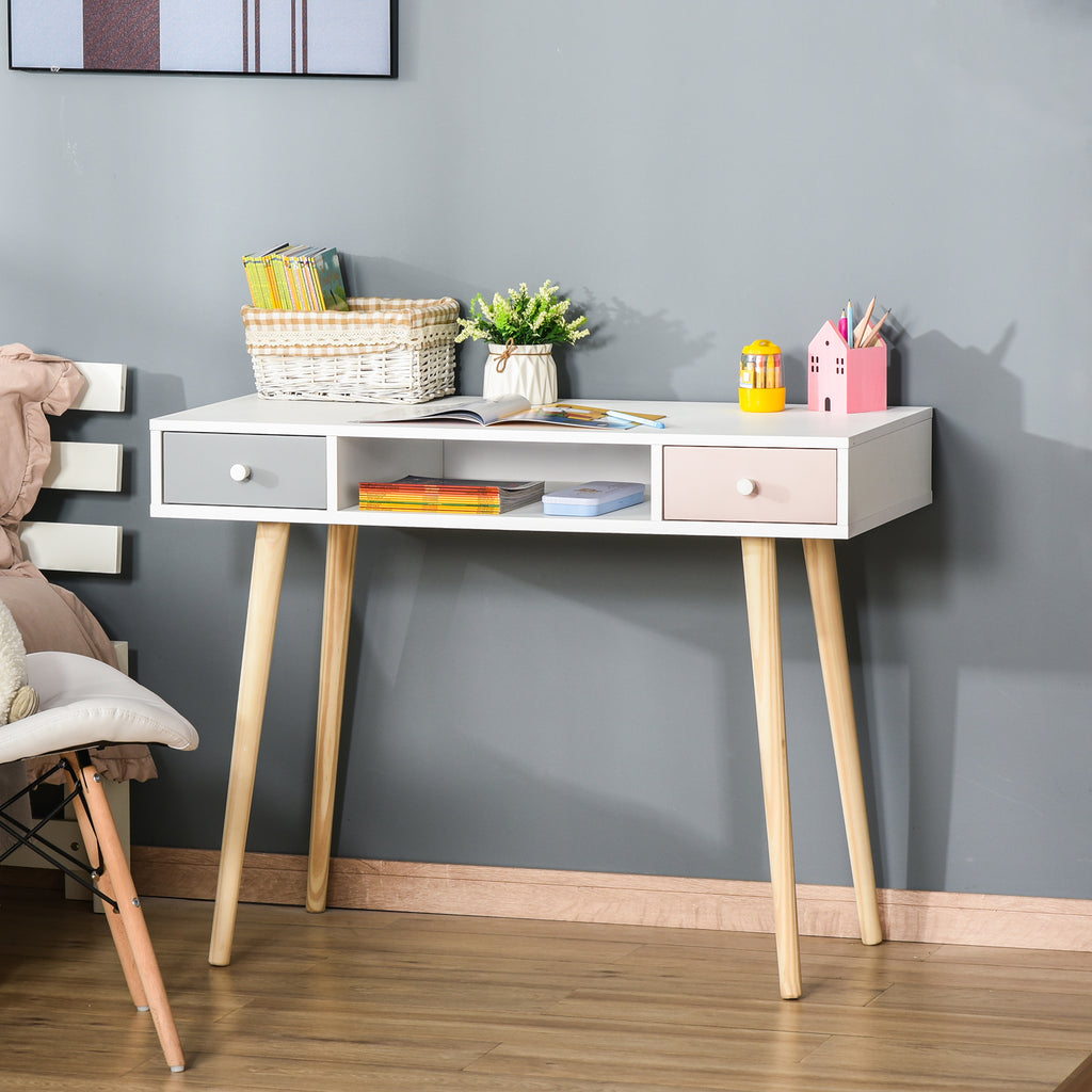 HOMCOM Bureau enfant style scandinave avec tiroir et compartiment de rangement 100L x 48l x 76, 5H cm MDF et pin blanc gris et rose