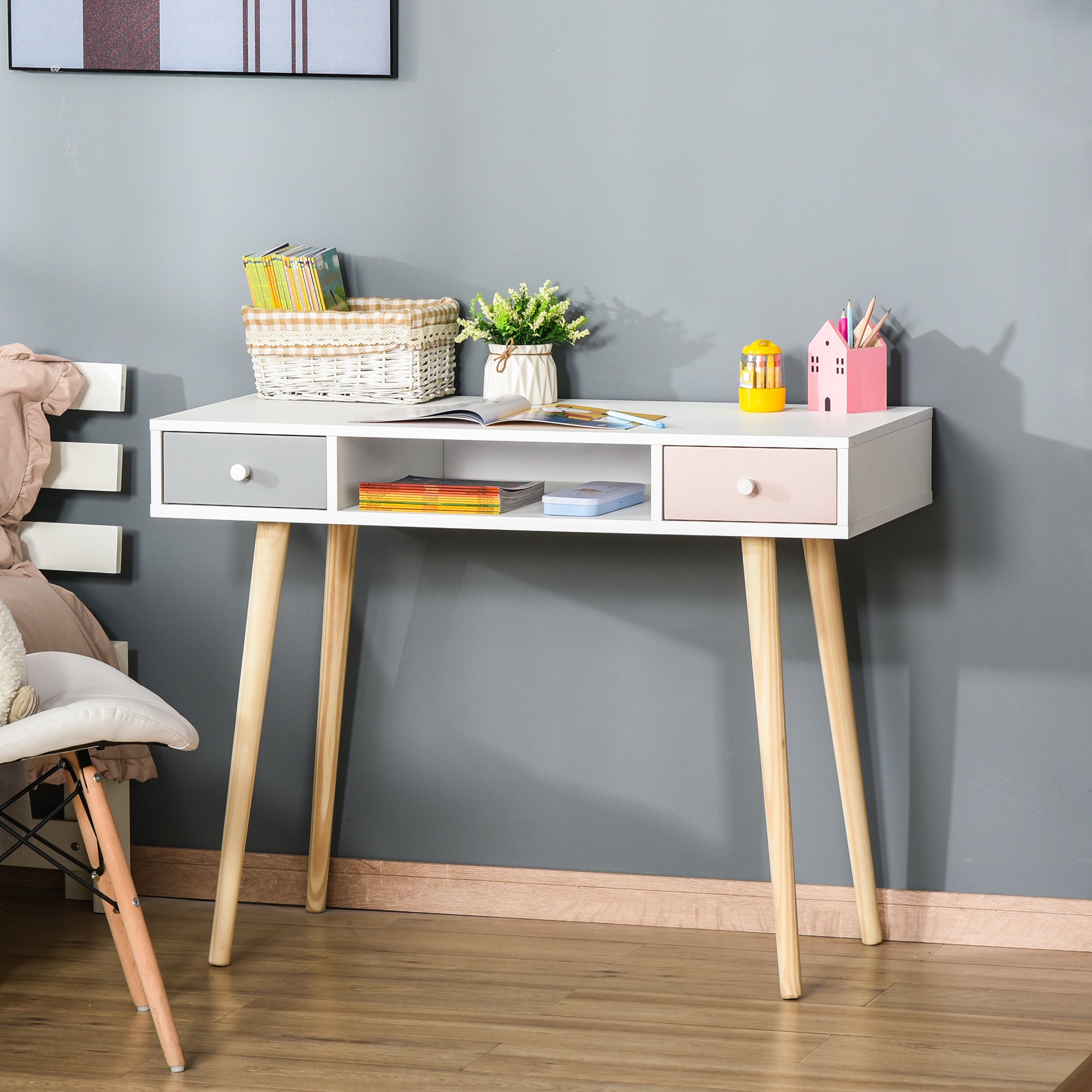 HOMCOM Bureau enfant style scandinave avec tiroir et compartiment de rangement 100L x 48l x 76, 5H cm MDF et pin blanc gris et rose