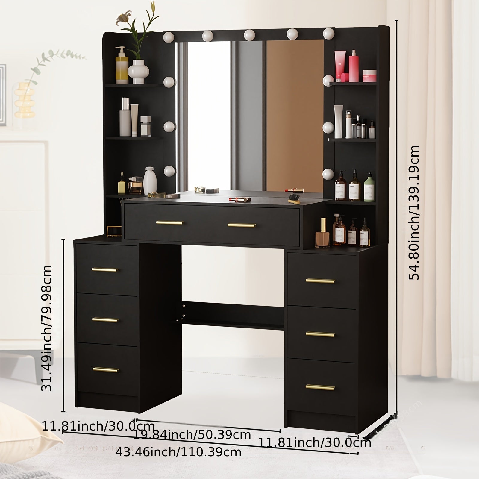Table de Maquillage Moderne pour Femmes avec Miroir LED 11 Lumières et Armoire à 7 Tiroirs - Table d'Appoint en Bois Massif, Poignées Dorées, Ampoules Blanches, Coiffeuse Autoportante Luxe Léger (Assemblage Requis), Coiffeuse  Petite Coiffeuse d'Angle, C