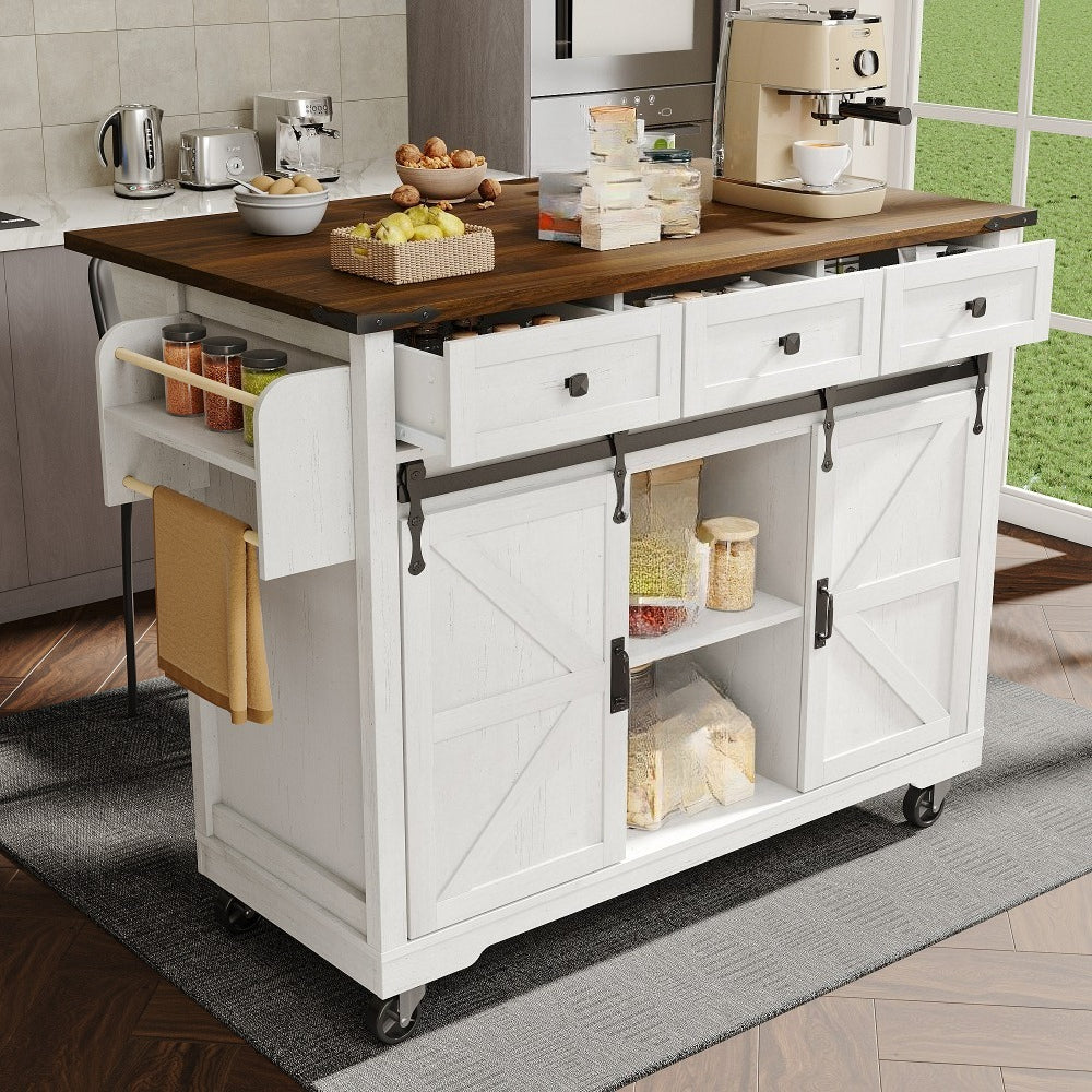 140 X 45 (73) X 94 Cm White Table Trolley with Towel Rack And Cup Holder, Kitchen Cabinet with 2 Sliding Doors And 3 Drawers, Wood Grain Finish, Dining Trolley with Retractable Countertop, Mobile Storage Island, Beautiful And Practical Kitchen Island, Sm