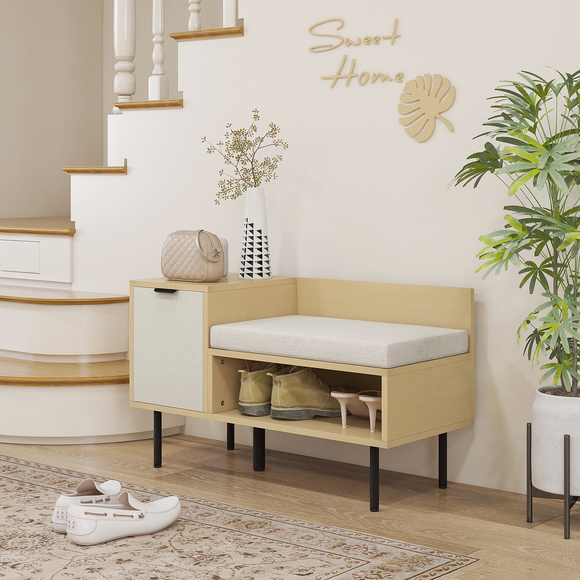 HOMCOM Banc à Chaussures pour Entrée avec Coussin Porte et Étagère Rangement de Chaussures Assis pour Salon Couloir Chambre 80x35x47 cm Naturel