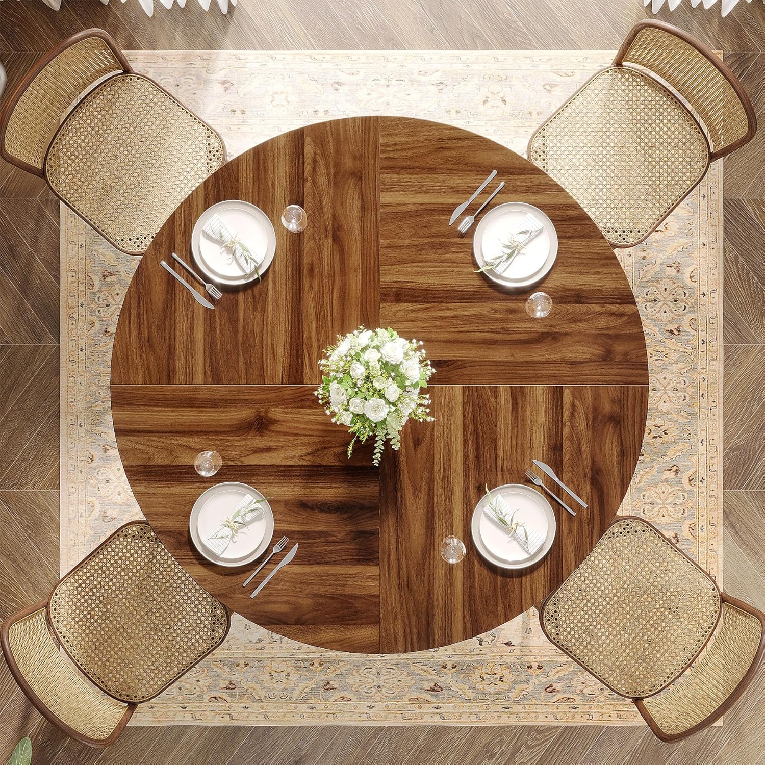 Table à Manger Ronde de 119,38 cm - Grand Bois Massif & Base en Métal Robuste, Table Vintage Ferme Marron/Noir pour 4-6 Personnes, Économiseur d'Espace et Polyvalent comme Bureau ou Cuisine (Assemblage Requis) - Conçue sans PDP, 4/6 Places