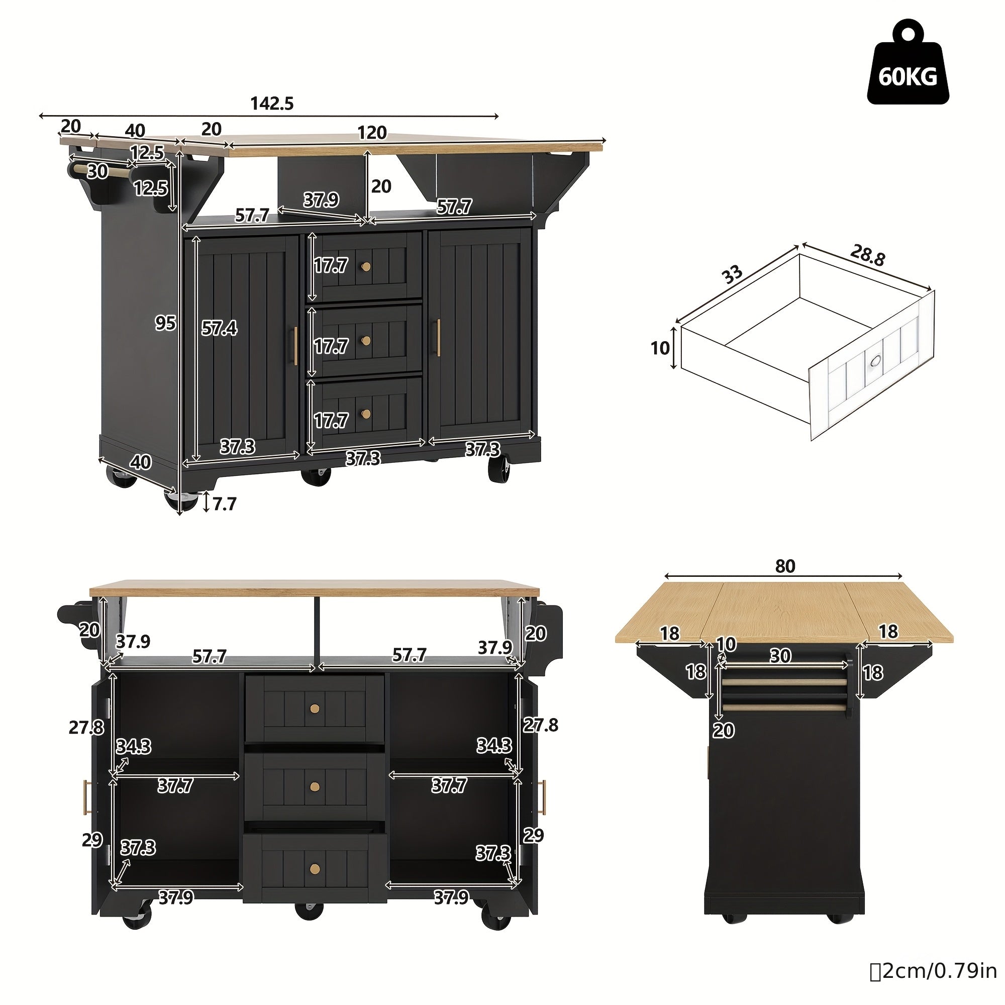 Ile de cuisine, armoire, buffet 120 X 40 (80) X 95 cm, chariot de cuisine rétractable avec roulettes, rétractable des deux côtés, avec porte-serviettes et étagère à épices, grande capacité pour un rangement facile, deux portes, trois tiroirs, îlot de cui