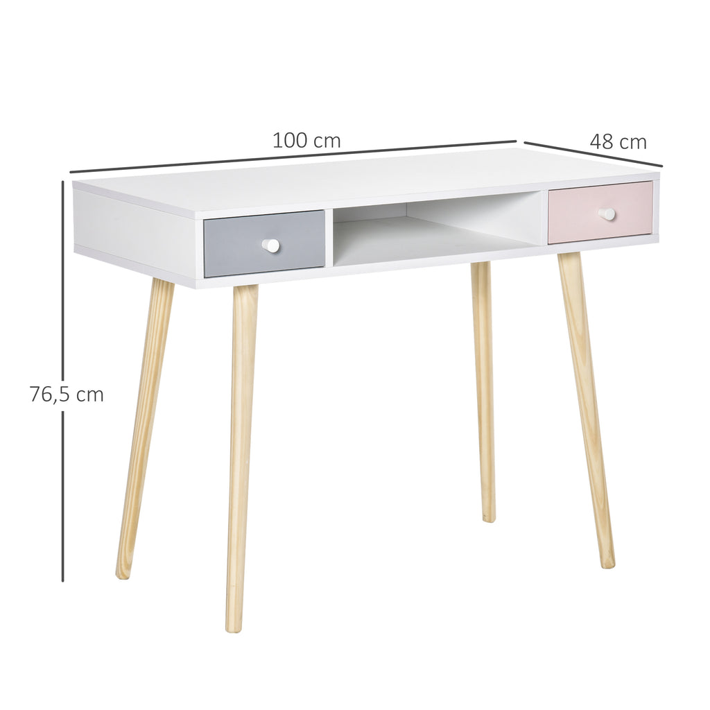 HOMCOM Bureau enfant style scandinave avec tiroir et compartiment de rangement 100L x 48l x 76, 5H cm MDF et pin blanc gris et rose