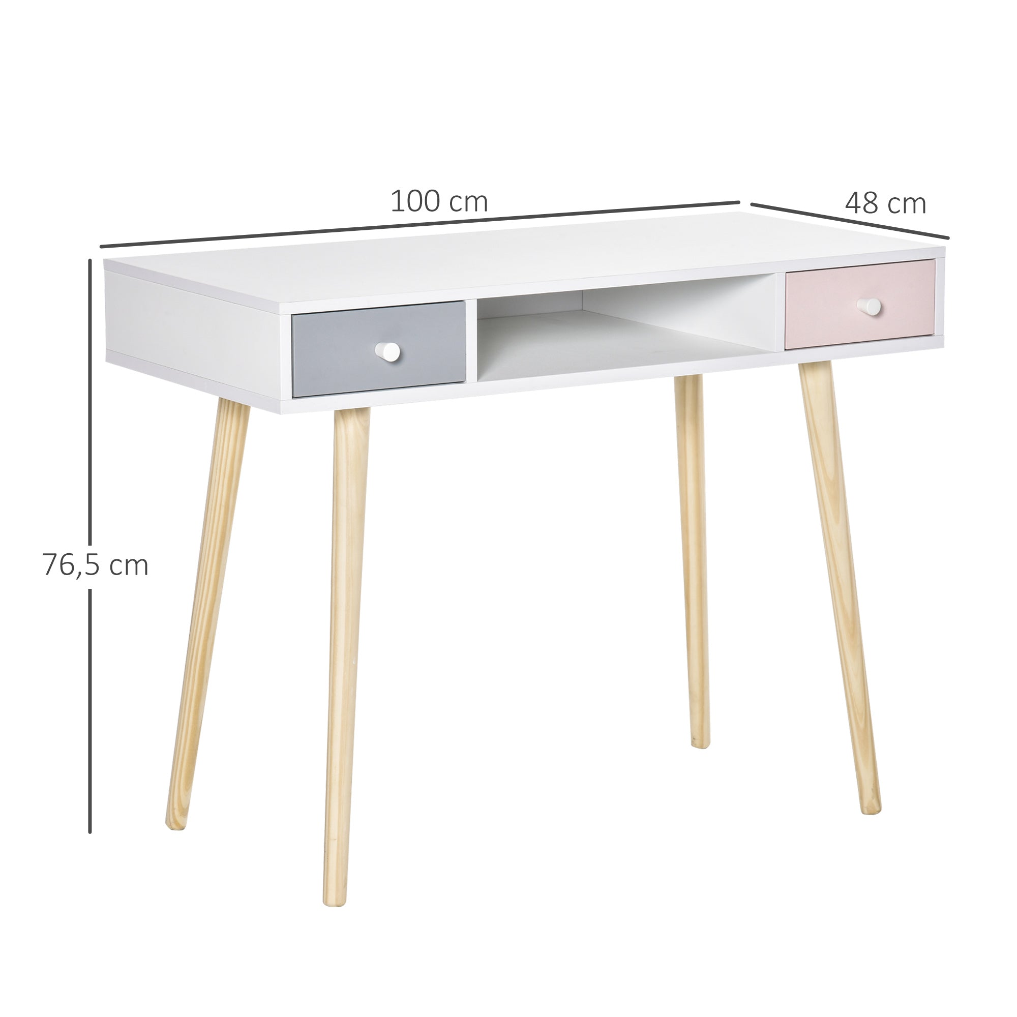 HOMCOM Bureau enfant style scandinave avec tiroir et compartiment de rangement 100L x 48l x 76, 5H cm MDF et pin blanc gris et rose
