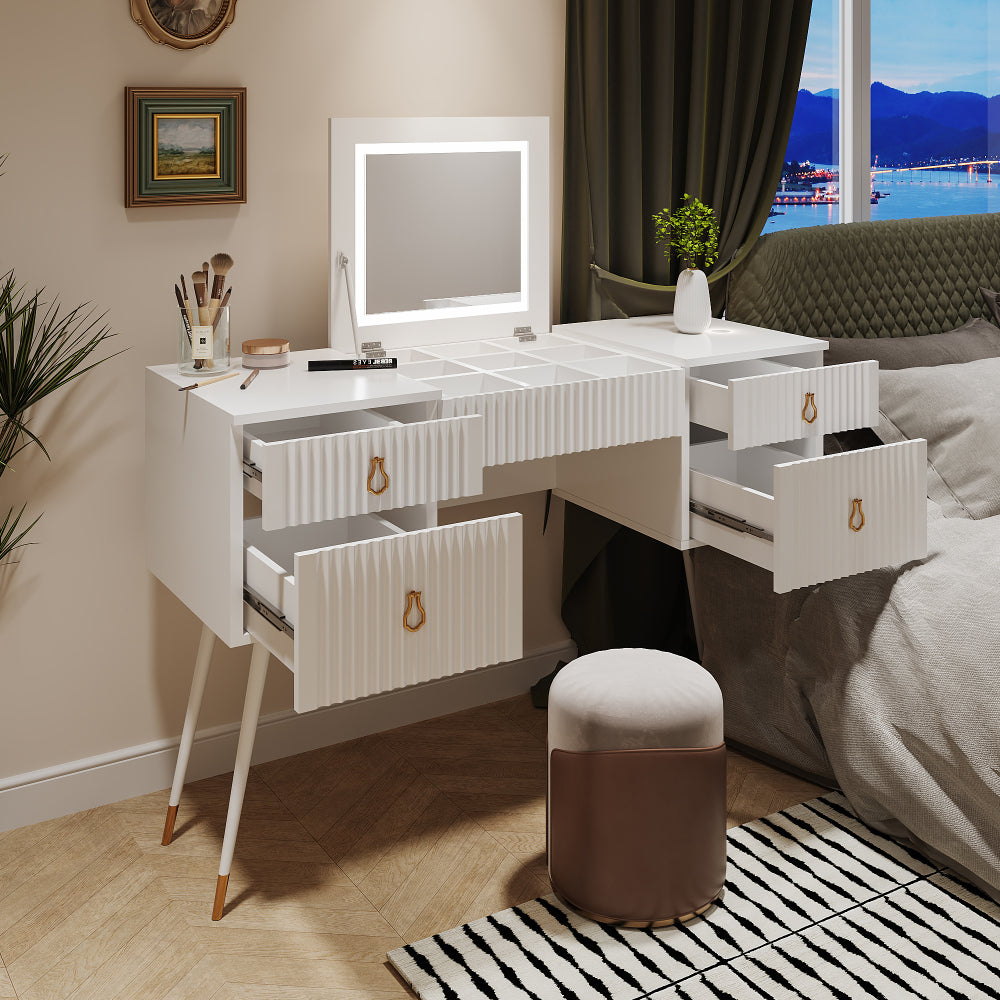 Coiffeuse, grand espace de rangement, bureau universel, blanc, coin de maquillage personnel, adapté pour travail temporaire ou étude, coiffeuse blanche (sans chaise), avec miroir, accessoires dorés luxueux, et multiples espaces de rangement avec 4 tiroir