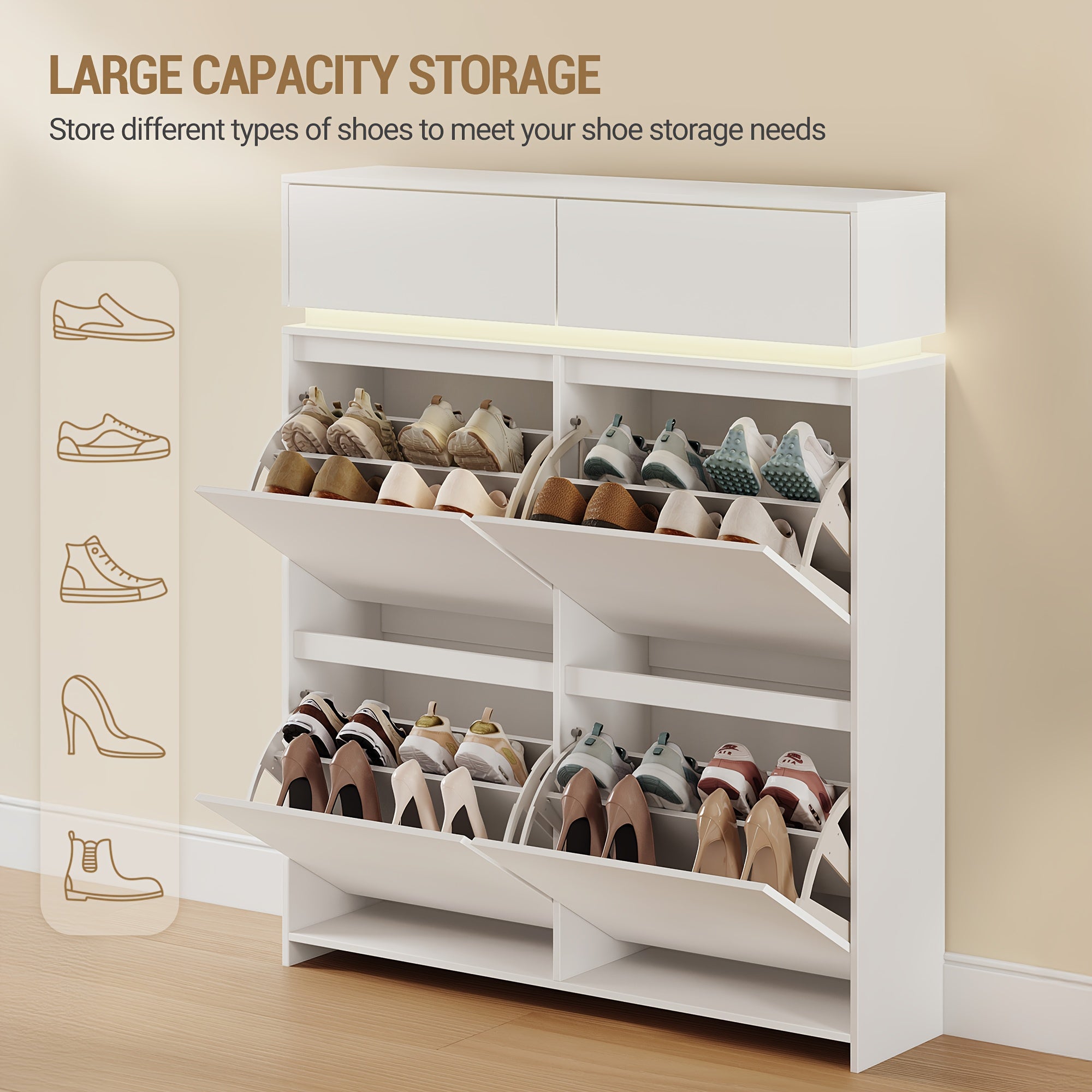 Armoire à chaussures, armoire à chaussures avec 4 portes, étagère à chaussures étroite avec lumières LED, étagère à chaussures avec séparateurs ajustables, 20 paires, 100 x 119 x 24 cm, rangement de chaussures pour entrées, couloirs, blanc