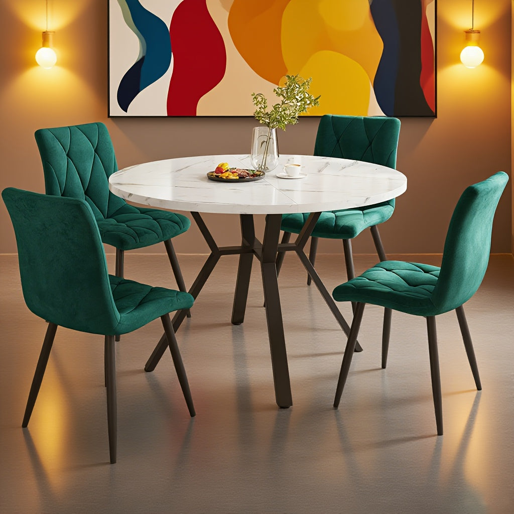5pcs Ensemble de table et chaise ronde moderne - Pieds en métal noir, 4 chaises ergonomiques en velours vert, design minimaliste pour un repas contemporain, décoration de table à manger, meubles élégants, construction durable, meubles élégants, designers