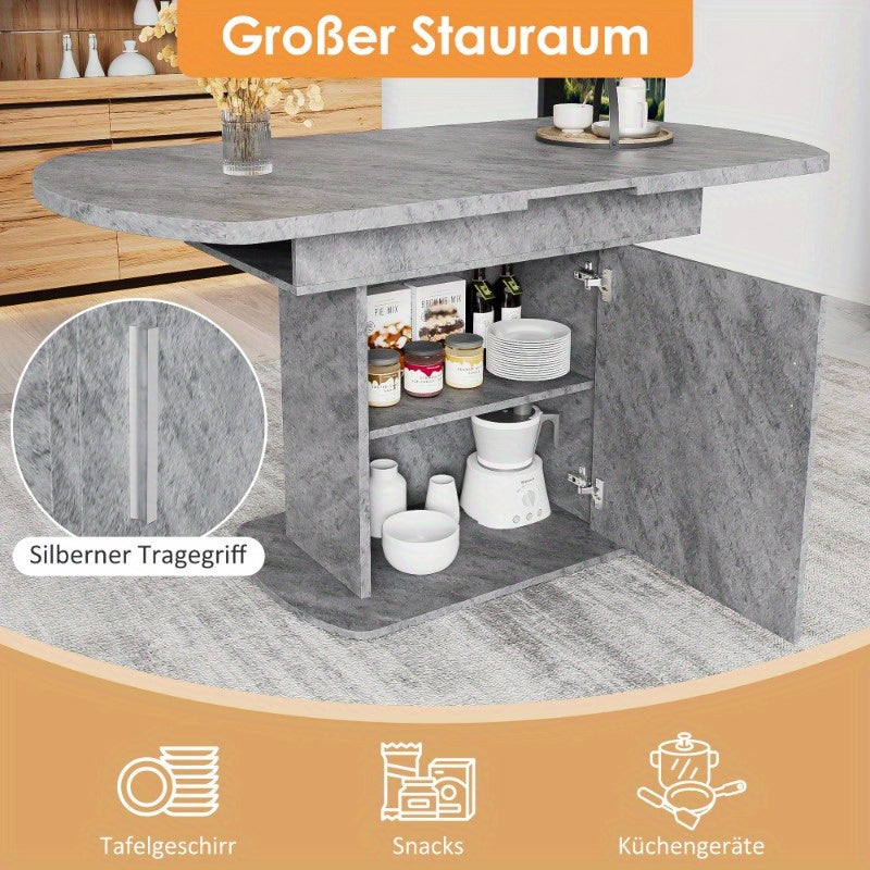 Table de salle à manger ovale extensible - 110/130x70x75cm avec étagères de rangement, design minimaliste moderne et économiseur d'espace en apparence de béton, idéal pour le café et les loisirs, solution de salle à manger polyvalente | Design de table m