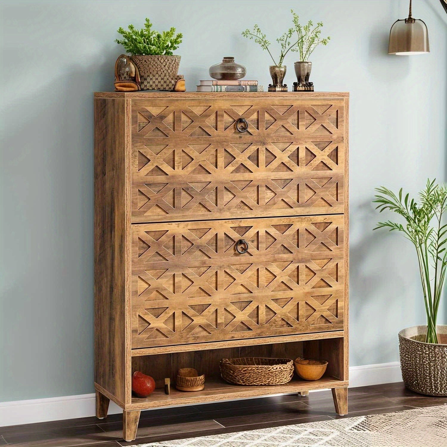 Armoire à Chaussures en Bois Marron 2 Tiroirs - Organisateur d'Entrée Étroit Autoportant avec Étagères Réglables, Design Contemporain et Construction en Bois Ingénierie pour Couloir, Placard, Petits Espaces, Finition Texturée Rustique, Détails Motif X, M