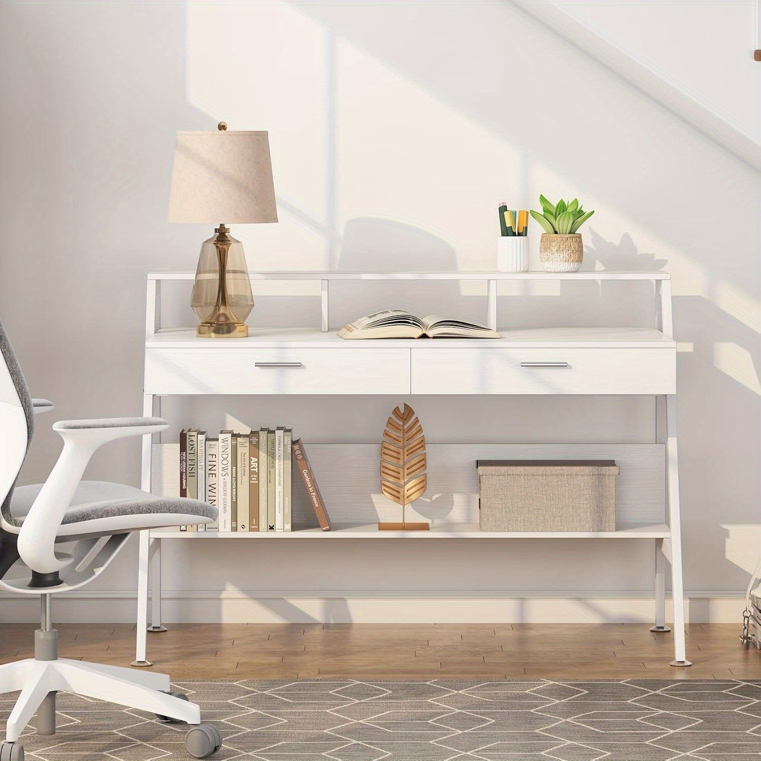Bureau avec étagères et tiroirs, bureau de bureau moderne de 120 cm, bureau de bureau avec support d'écran pour utilisation à domicile (blanc)
