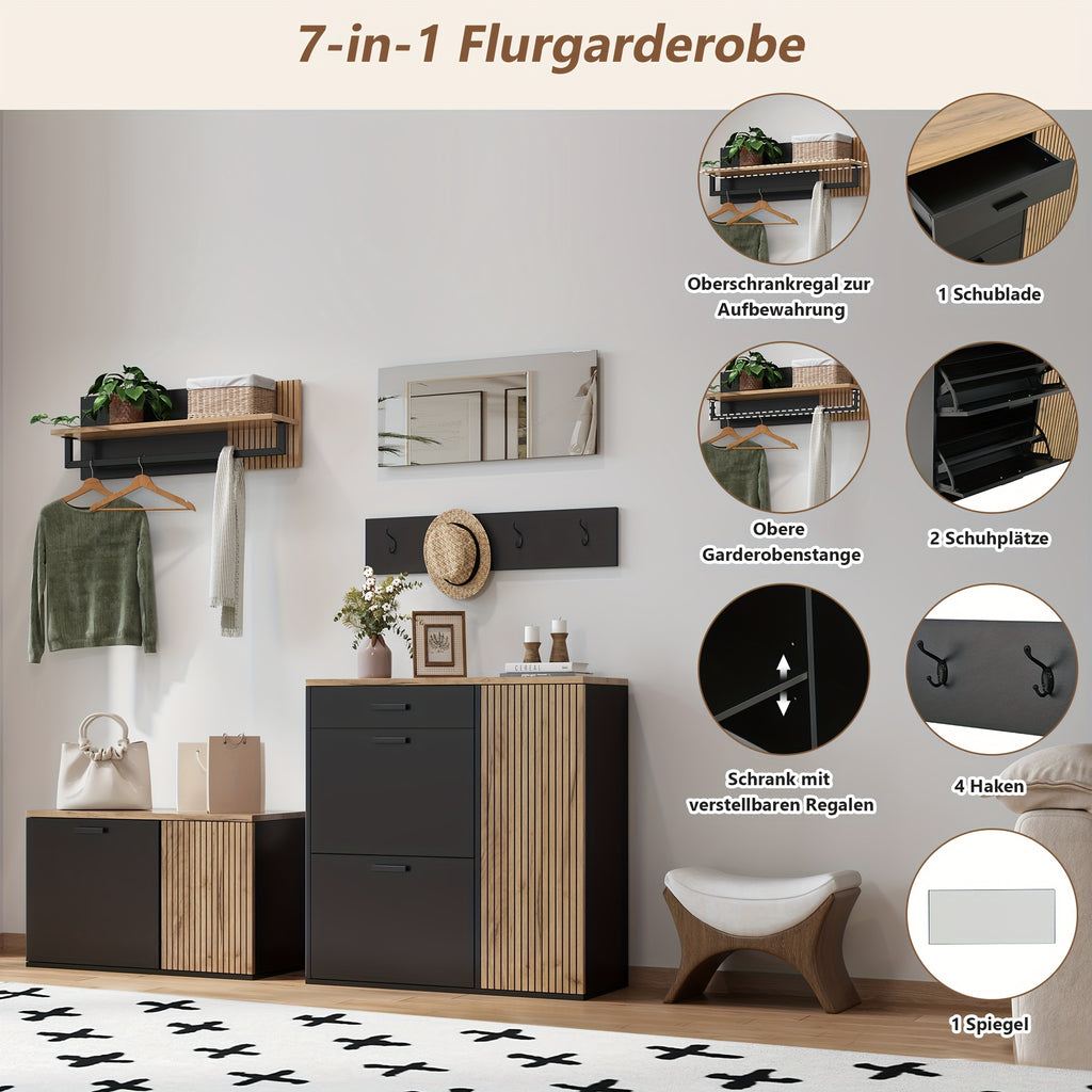 Ensemble de meubles de rangement modernes pour couloir avec 2 meubles à chaussures, porte-manteau, commode à tiroirs, miroir et 4 crochets - Organisateur au sol en bambou avec banc à chaussures et rangement
