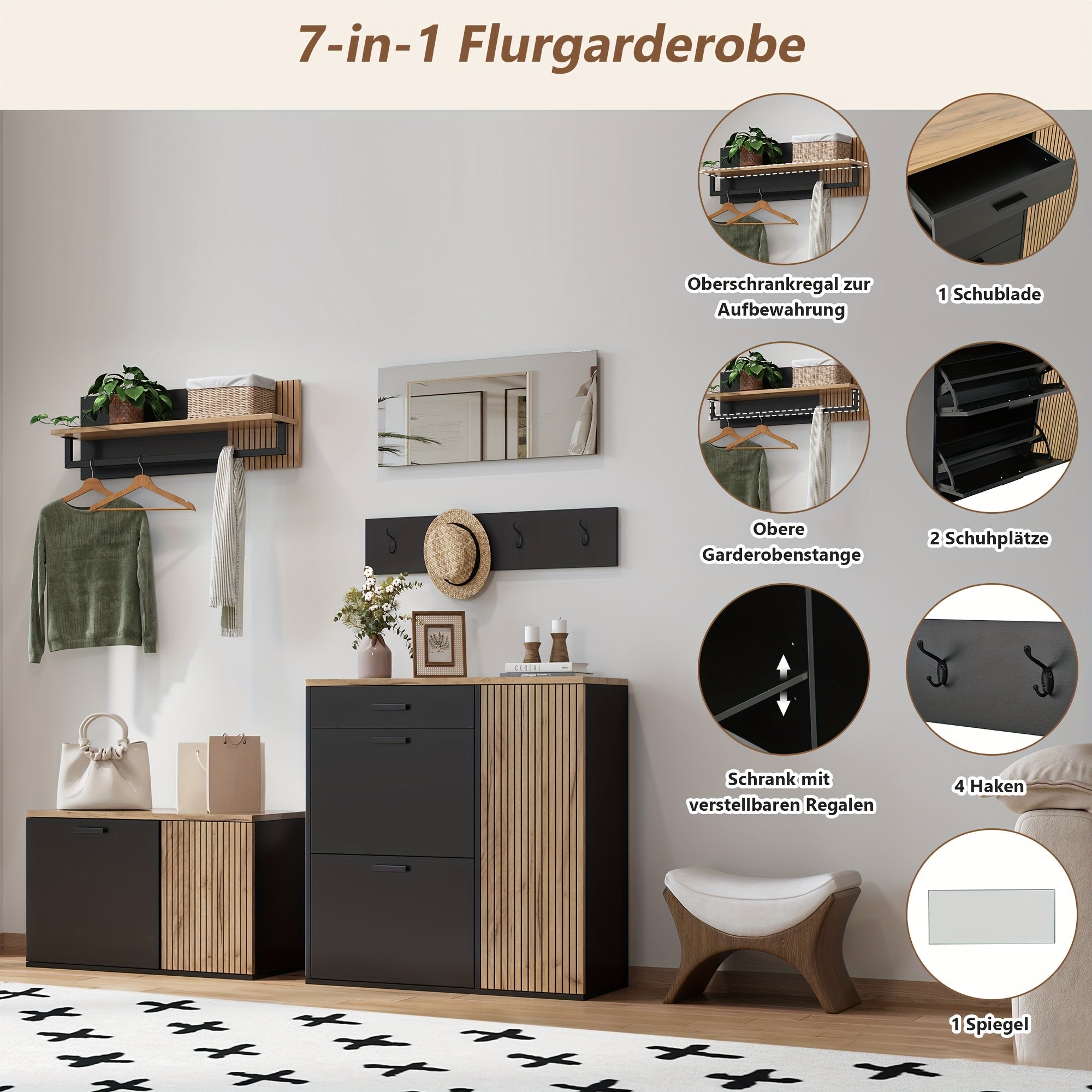 Ensemble de meubles de rangement modernes pour couloir avec 2 meubles à chaussures, porte-manteau, commode à tiroirs, miroir et 4 crochets - Organisateur au sol en bambou avec banc à chaussures et rangement