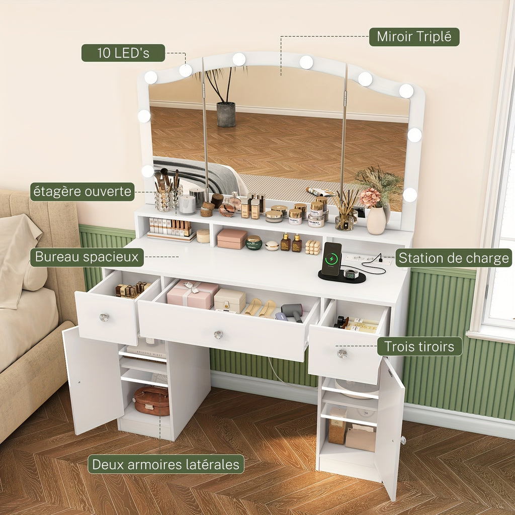 Coiffeuse moderne blanche avec 3 miroirs pliants, 10 lumières et prises, 3 tiroirs et 2 armoires
