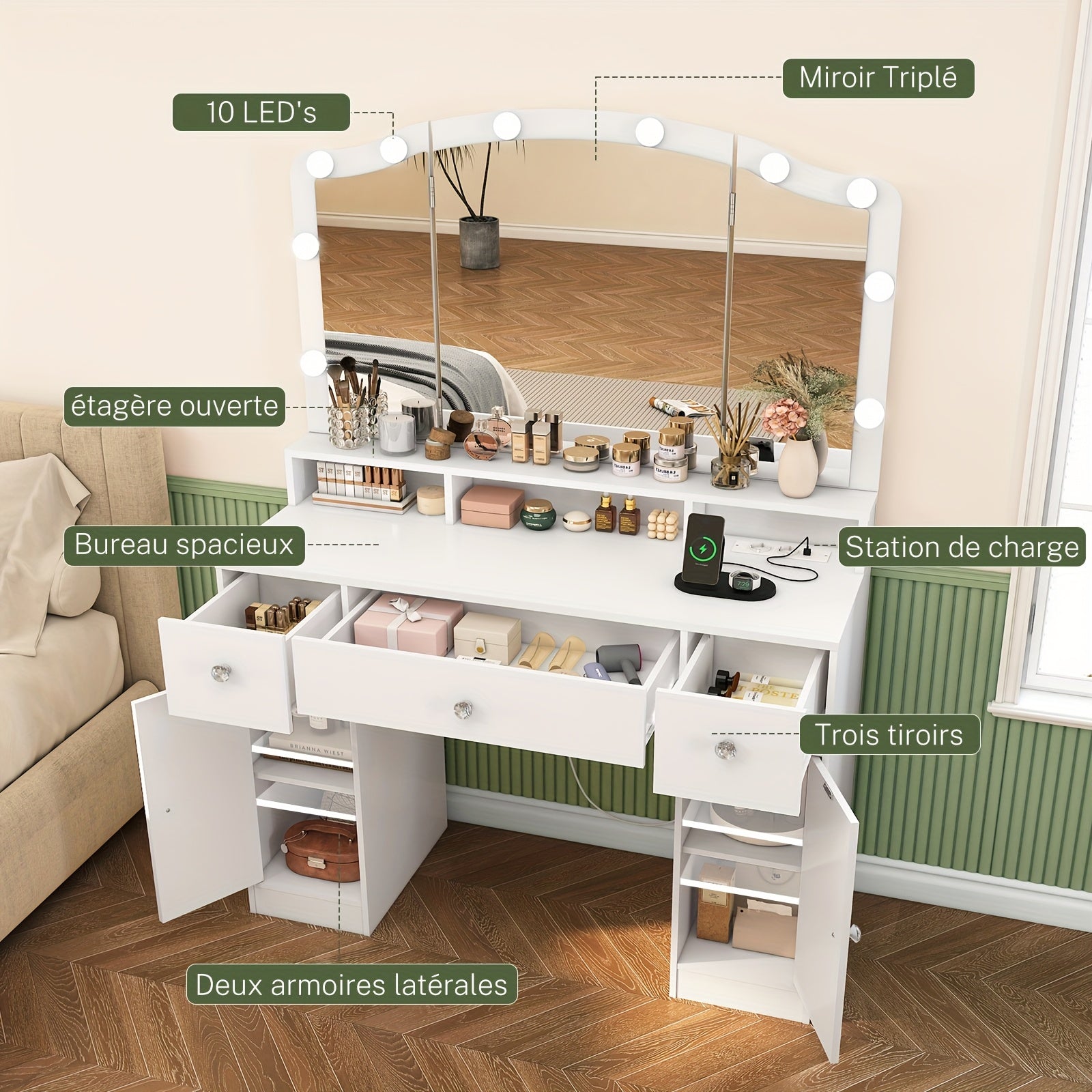Coiffeuse moderne blanche avec 3 miroirs pliants, 10 lumières et prises, 3 tiroirs et 2 armoires