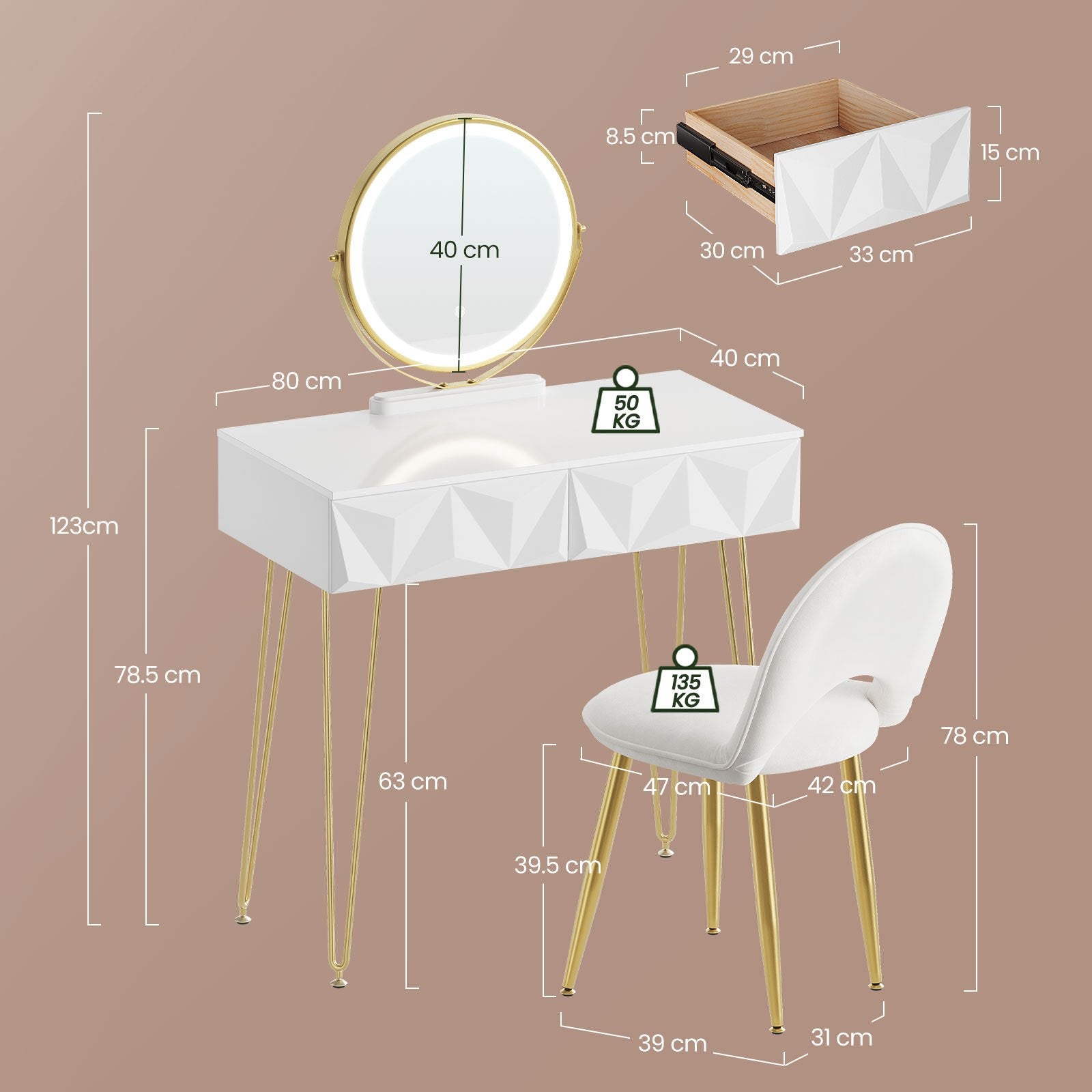 Table de Toilette pour Chambre : Brillante et Élégante, avec une Capacité de Rangement Énorme. Conçue pour Révéler un Charme Extraordinaire. Plateau Lumineux Combiné à des Tiroirs Scientifiquement Aménagés, pour un Aperçu Clair des Produits de Toilette.
