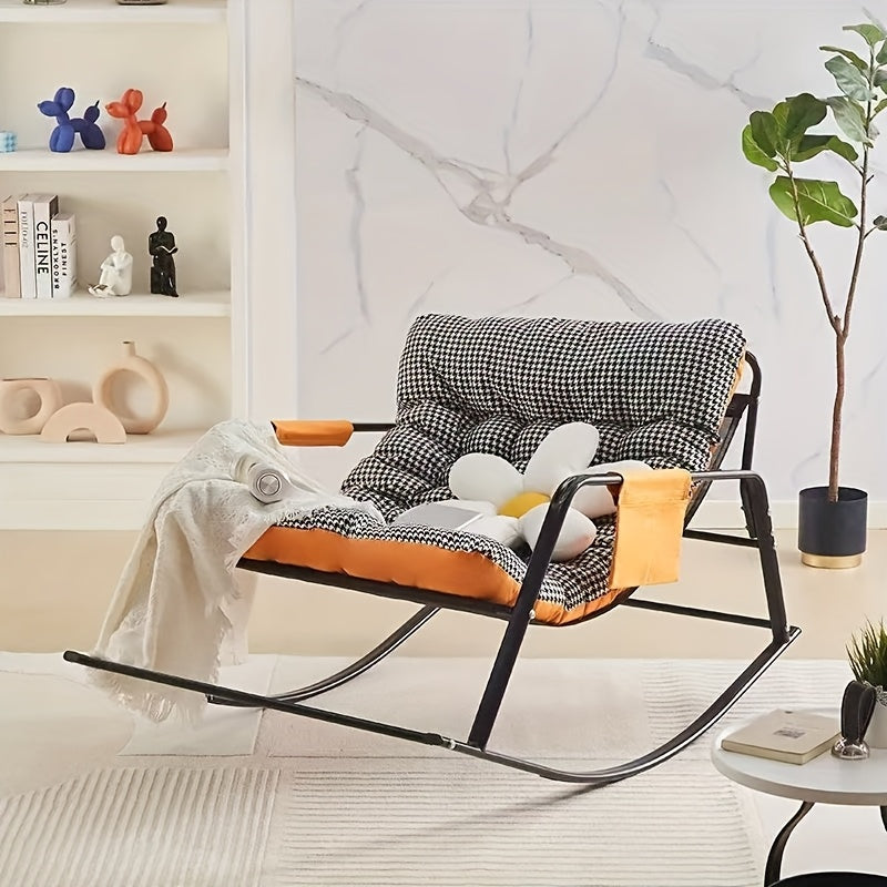 Fauteuil inclinable moderne à structure métallique robuste avec coussin - Mécanisme d'inclinaison manuel, effet zéro gravité et accoudoirs rembourrés - Canapé-lit intérieur/extérieur en damier noir & blanc pour séniors, montage facile (sans bois) /Jardin
