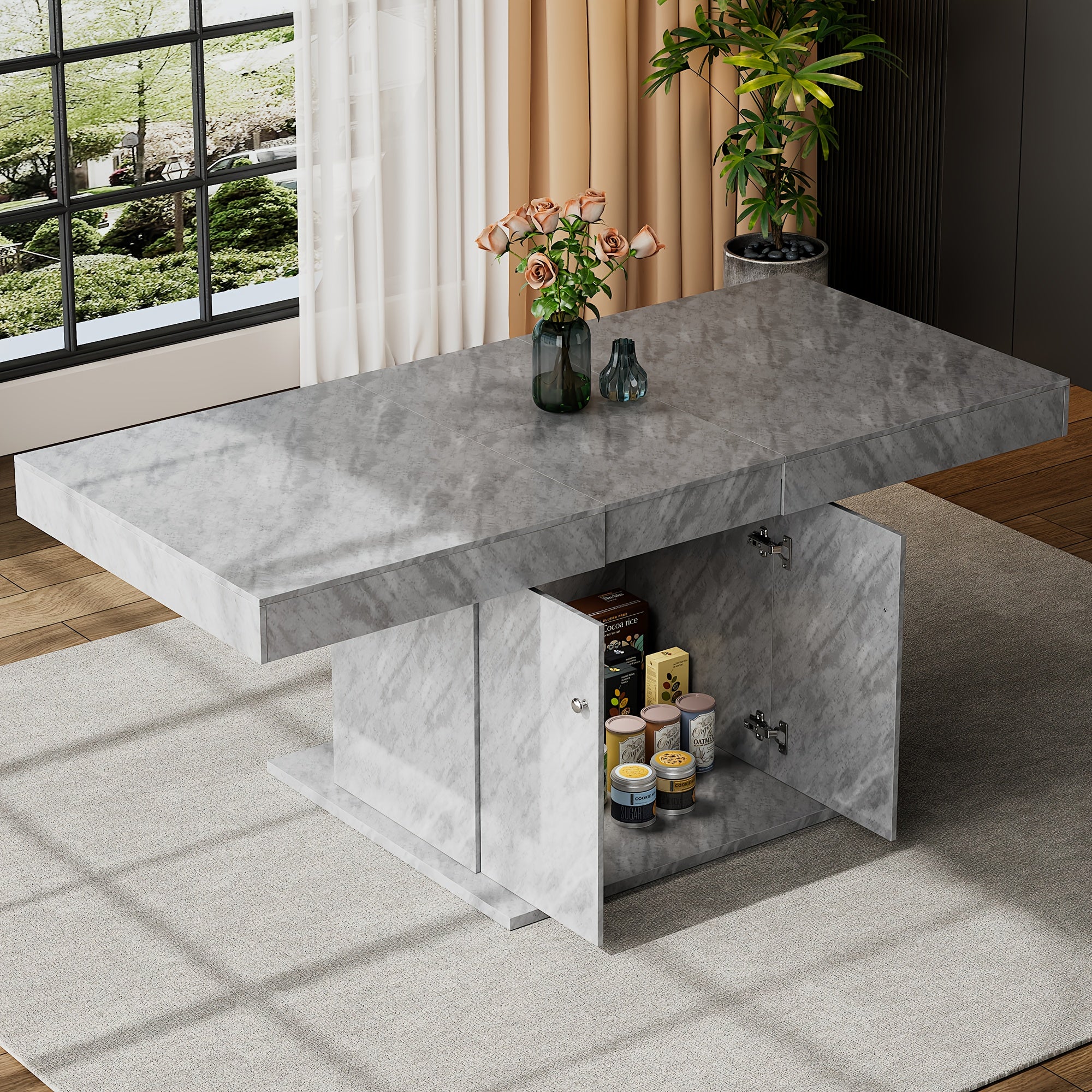 Table à manger moderne avec mécanisme automatique d'extension/retrait, base en métal robuste et plateau en bambou, design pliable compact pour les espaces réduits, appartements, salles à manger - Assemblage facile, gris (L140/180xW80xH76cm) - Idéal pour