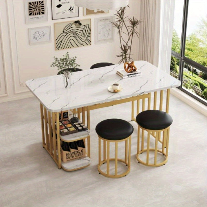 Ensemble de table à manger avec table à manger, 4 chaises, ensemble de table de cuisine avec cadre en acier, table à manger avec espace de rangement, table à manger moderne 1408075Cm, table à manger rectangulaire, salles à manger, blanc et doré