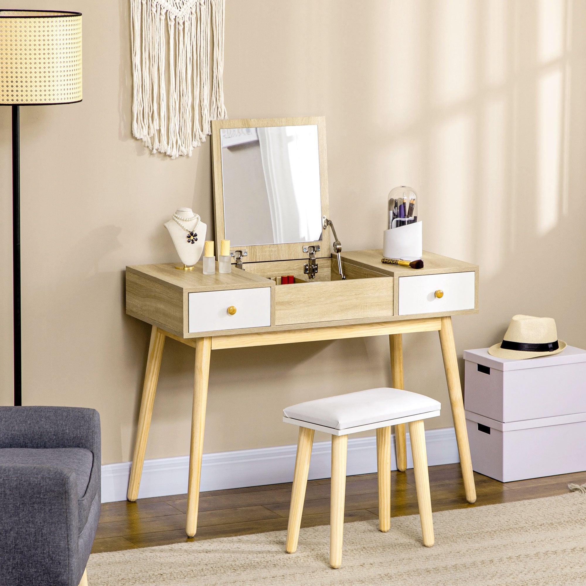 HOMCOM Ensemble de coiffeuse table de maquillage avec tabouret miroir rabattable style scandinave 2 tiroirs 2 en 1 bureau - 100 x 45 x 118 cm