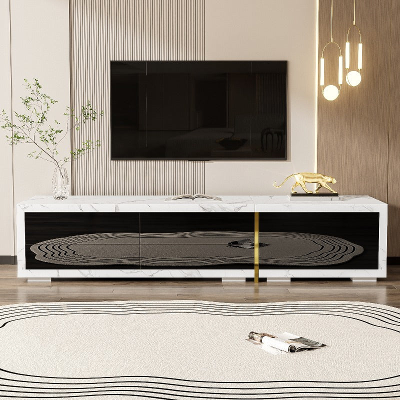 Meuble TV Moderne en Marbre Blanc avec Base Pivotante et Accents Dorés - Longueur Réglable 140-260 cm (55"-102") Cadre Métallique Robuste, Console Multimédia Noir Finition Brillant/Mat pour Grands Téléviseurs, Design Convivial Beige