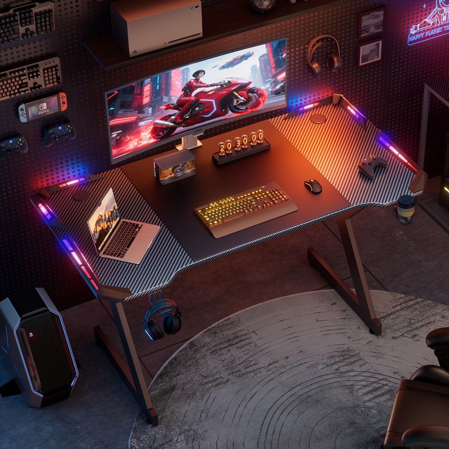 Bureau de jeu LED 120 x 60 cm, noir, table de jeu avec LED, table PC robuste avec revêtement en fibre de carbone, table de jeu avec porte-gobelet et crochet pour écouteurs