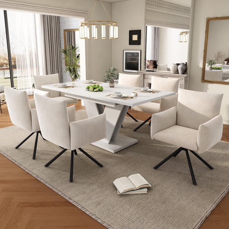 Table à diner extensible 120-160cm Blanc Rétro Design Moderne avec Plateau Épaissi & Pieds Robustes en Forme de V - Table Rectangulaire Extensible pour 4-6 Personnes, Mécanisme d'Extension Peu Encombrant, Aucun Assemblage Requis, Idéal pour les Petits Es