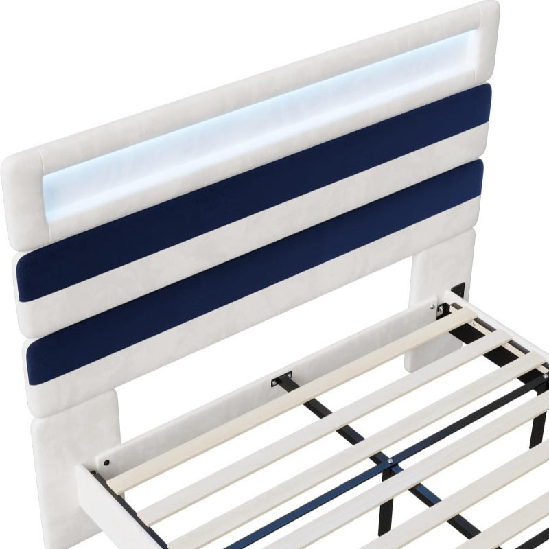 Lit rembourré,, avec bande lumineuse LED et chargement USB, tête de lit réglable à rayures, facile à monter, sommier à lattes en bois, velours, blanc cassé, matelas non inclusghgfj