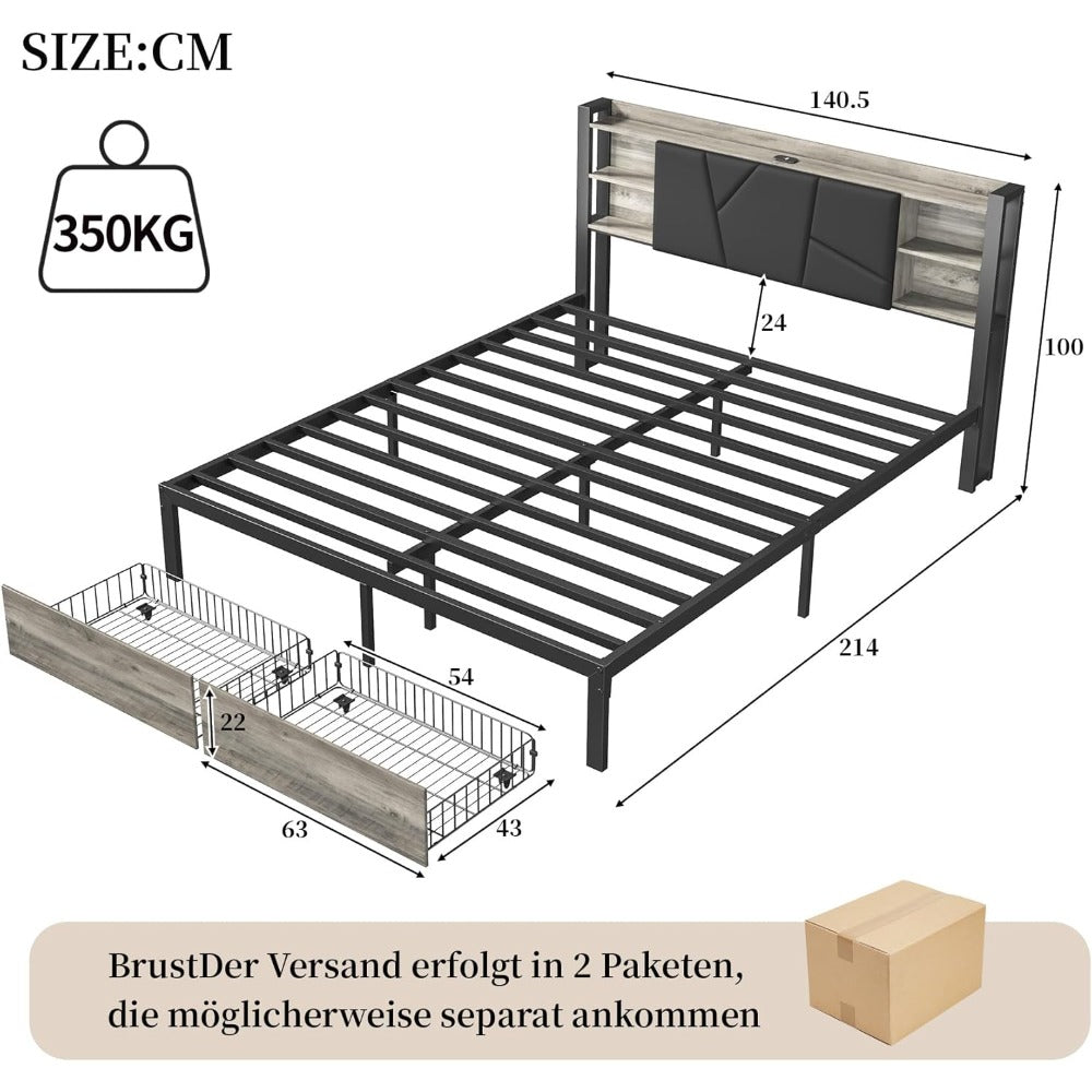 YCZ Lit double en métal 160x200 cm avec LED intégrée et port USB, tête de lit capitonnée avec rangement et 2 tiroirs intégrés, sommier à lattes, convient aux adultes (noir, 160 x 200 cm)