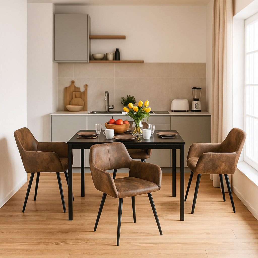 MEUBLE COSY Ensemble de Table et Chaises de Cuisine 7 Pièces avec 1 Table Extensible en MDF Noir à Pieds Métalliques et 6 Chaises Rétro en Suédine Marron, Style Industriel Moderne pour Cuisine ou Salle à Manger 120-160x80x75cm/56x56x78cm