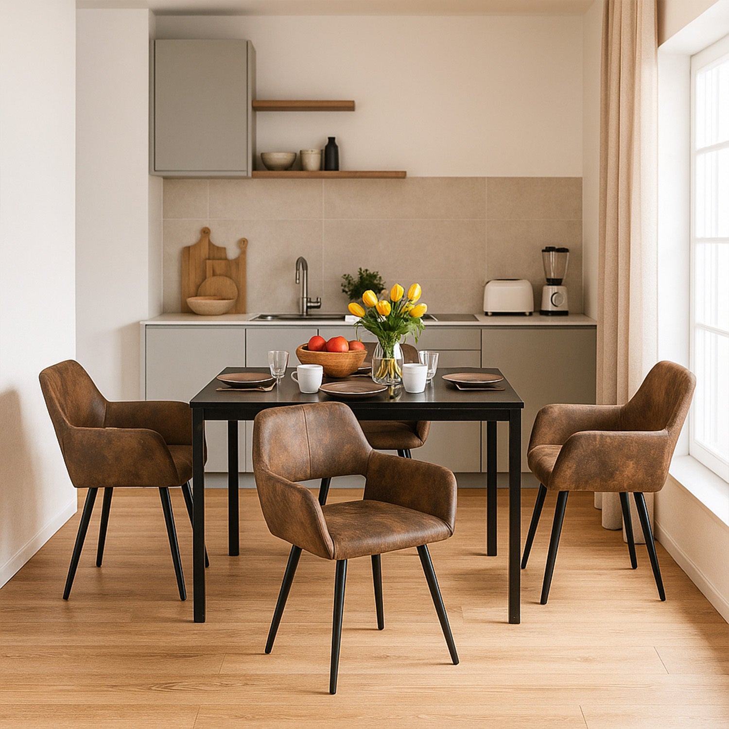 MEUBLE COSY Ensemble de Table et Chaises de Cuisine 7 Pièces avec 1 Table Extensible en MDF Noir à Pieds Métalliques et 6 Chaises Rétro en Suédine Marron, Style Industriel Moderne pour Cuisine ou Salle à Manger 120-160x80x75cm/56x56x78cm