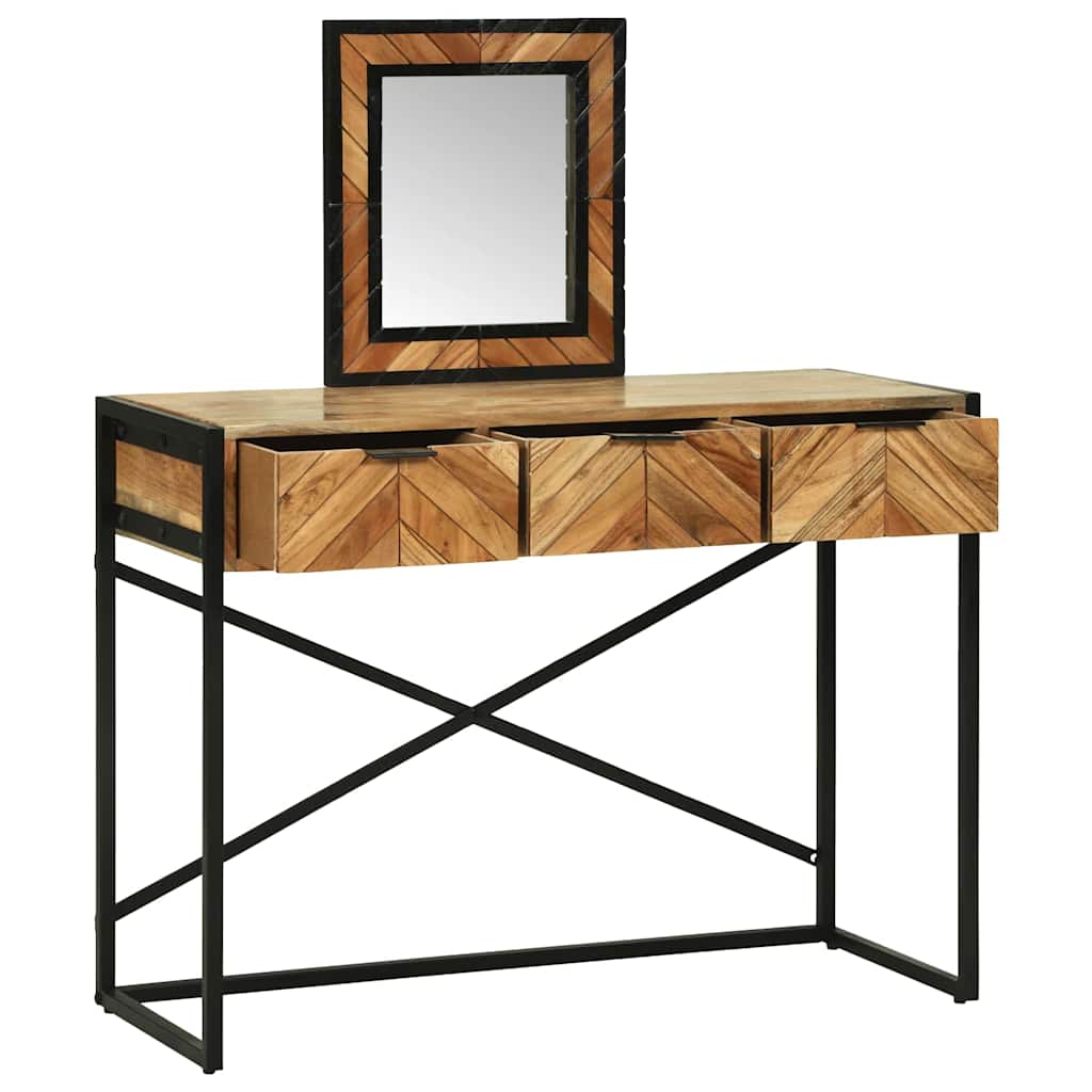 vidaXL Table de maquillage avec miroir en bois massif d'acacia Quatre tiroirs Style industriel Mobilier élégant pour chambre à coucher