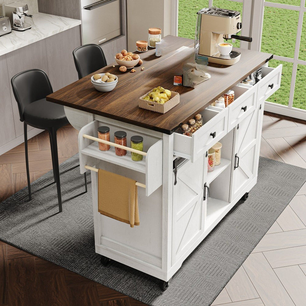 140 X 45 (73) X 94 Cm White Table Trolley with Towel Rack And Cup Holder, Kitchen Cabinet with 2 Sliding Doors And 3 Drawers, Wood Grain Finish, Dining Trolley with Retractable Countertop, Mobile Storage Island, Beautiful And Practical Kitchen Island, Sm