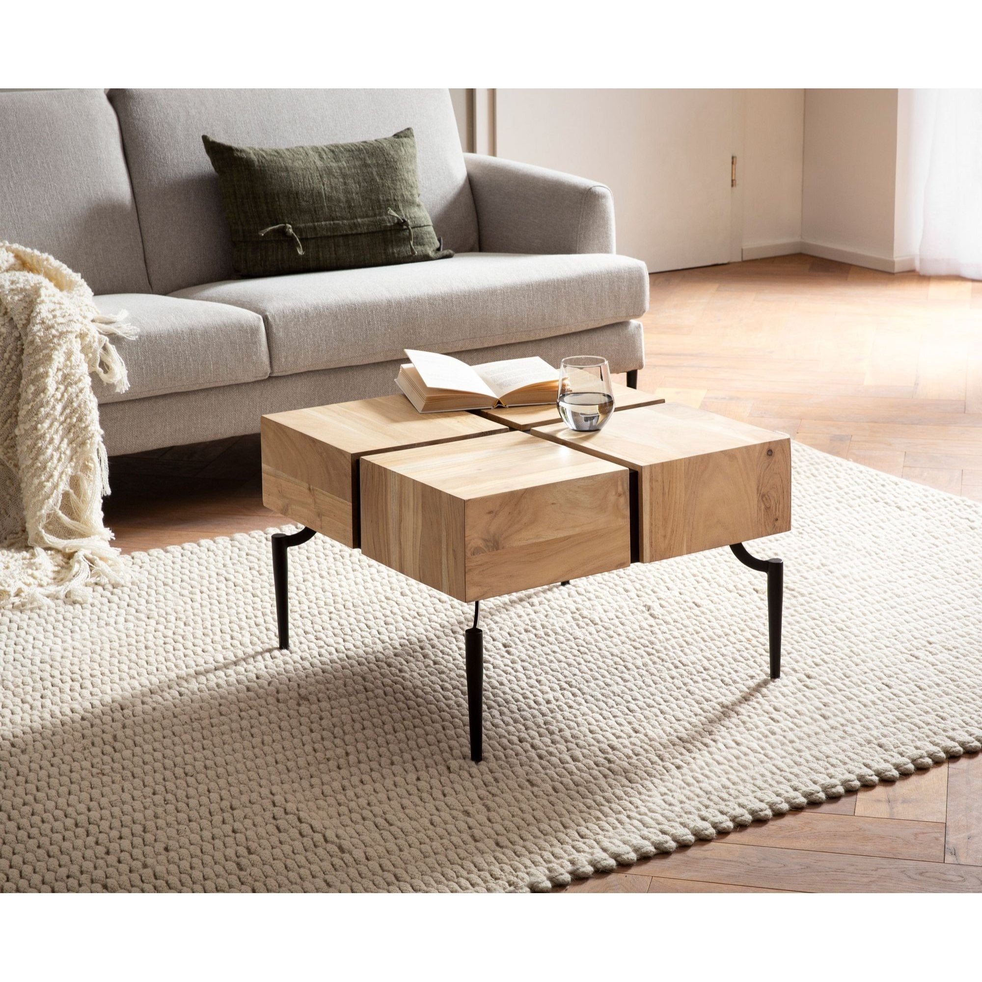 Table Basse en Bois Massif 60x60x40 cm Carrée avec Cadre Métallique, Petite Table d'Appoint en Forme de Cube, Table Moderne pour Salon, Table Basse Cube